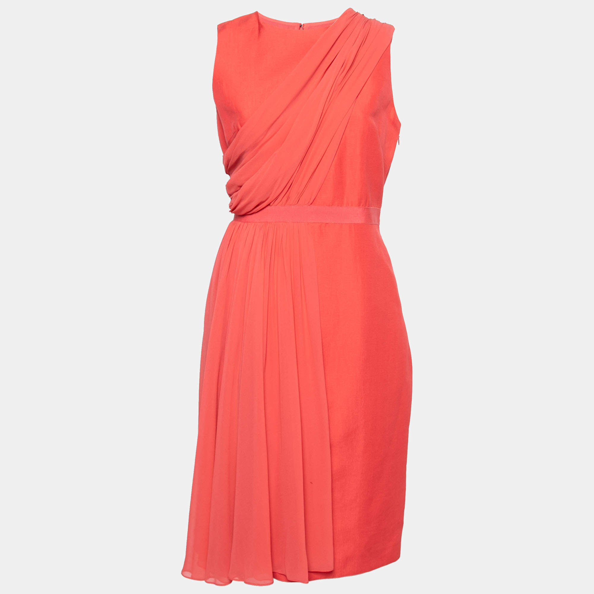 Giambattista Valli Coral Pink Silk Drape Detail Sheath Dress M