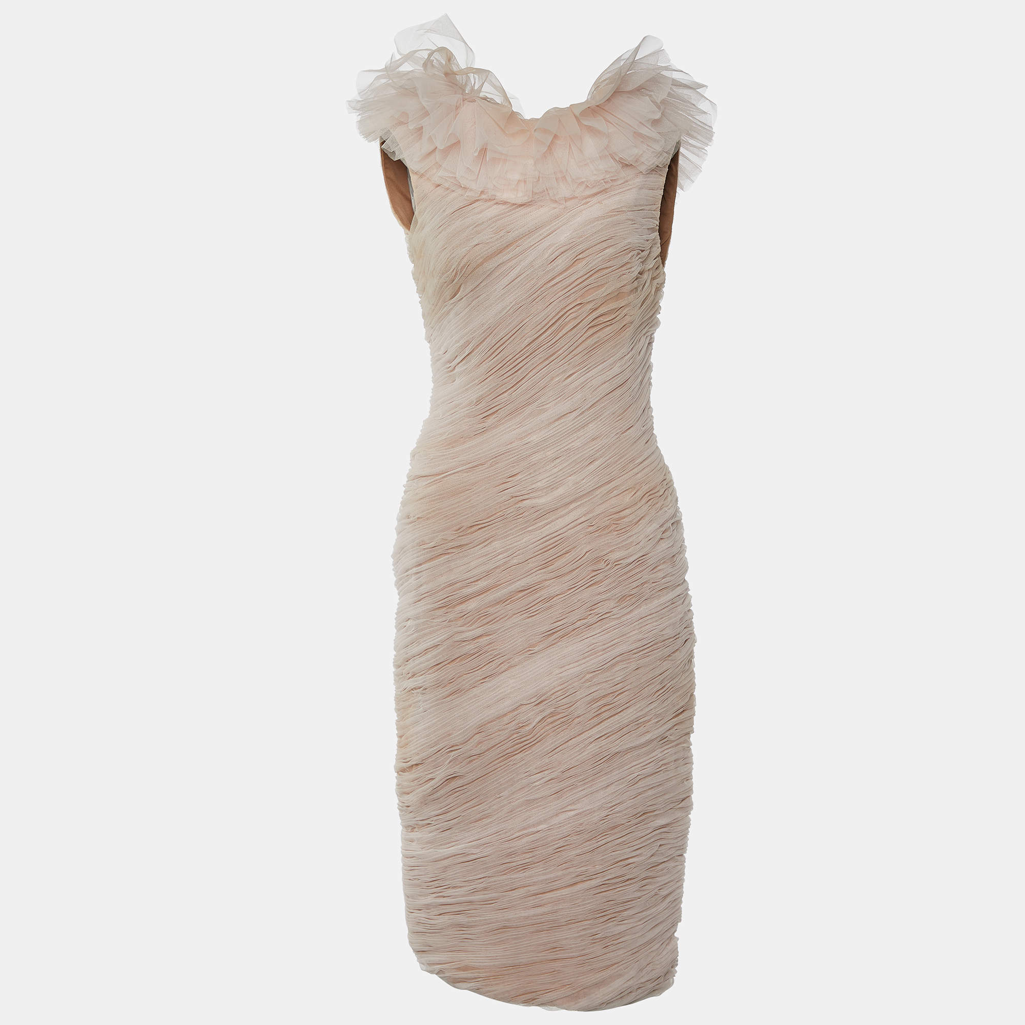 Pre Owned Giambattista Valli Light Pink Ruched Tulle Ruffle Detail Sheath Dress M