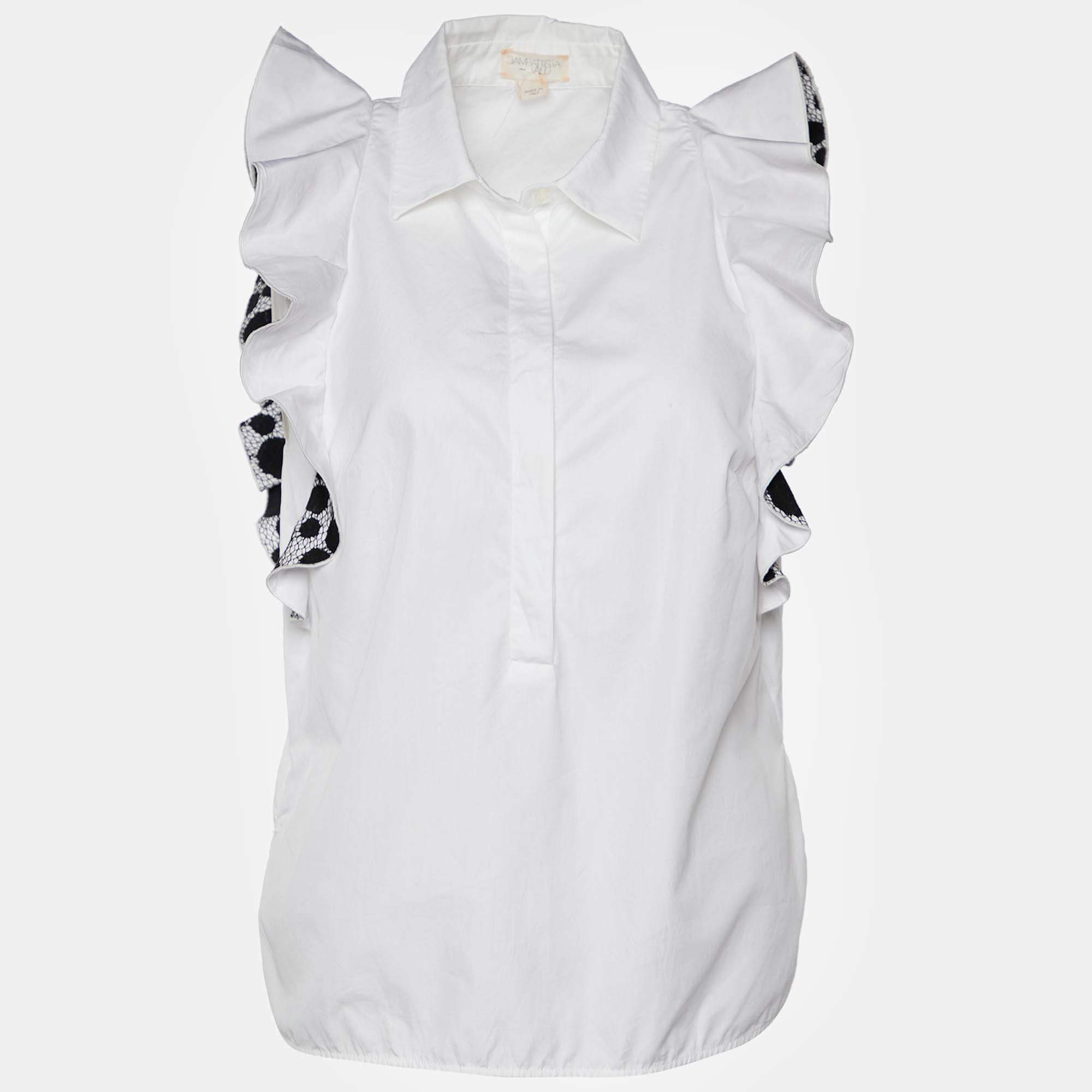مملوكة مسبقًا Giambattista Valli White Cotton Lace Detail Ruffle Sleeveless Top XS