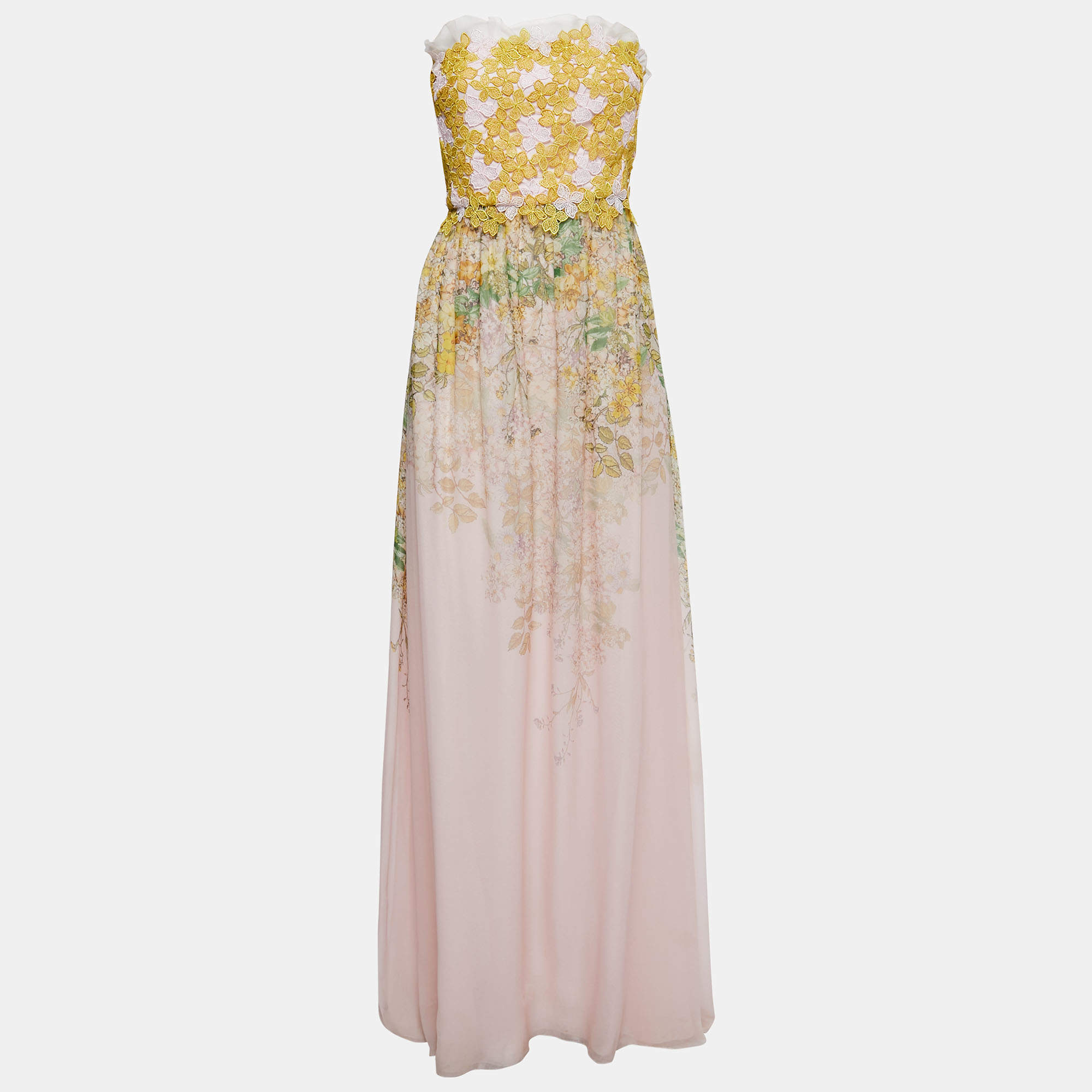 Pre Owned Giambattista Valli Pink Floral Printed Silk Lace Detail Strapless Maxi Dress S