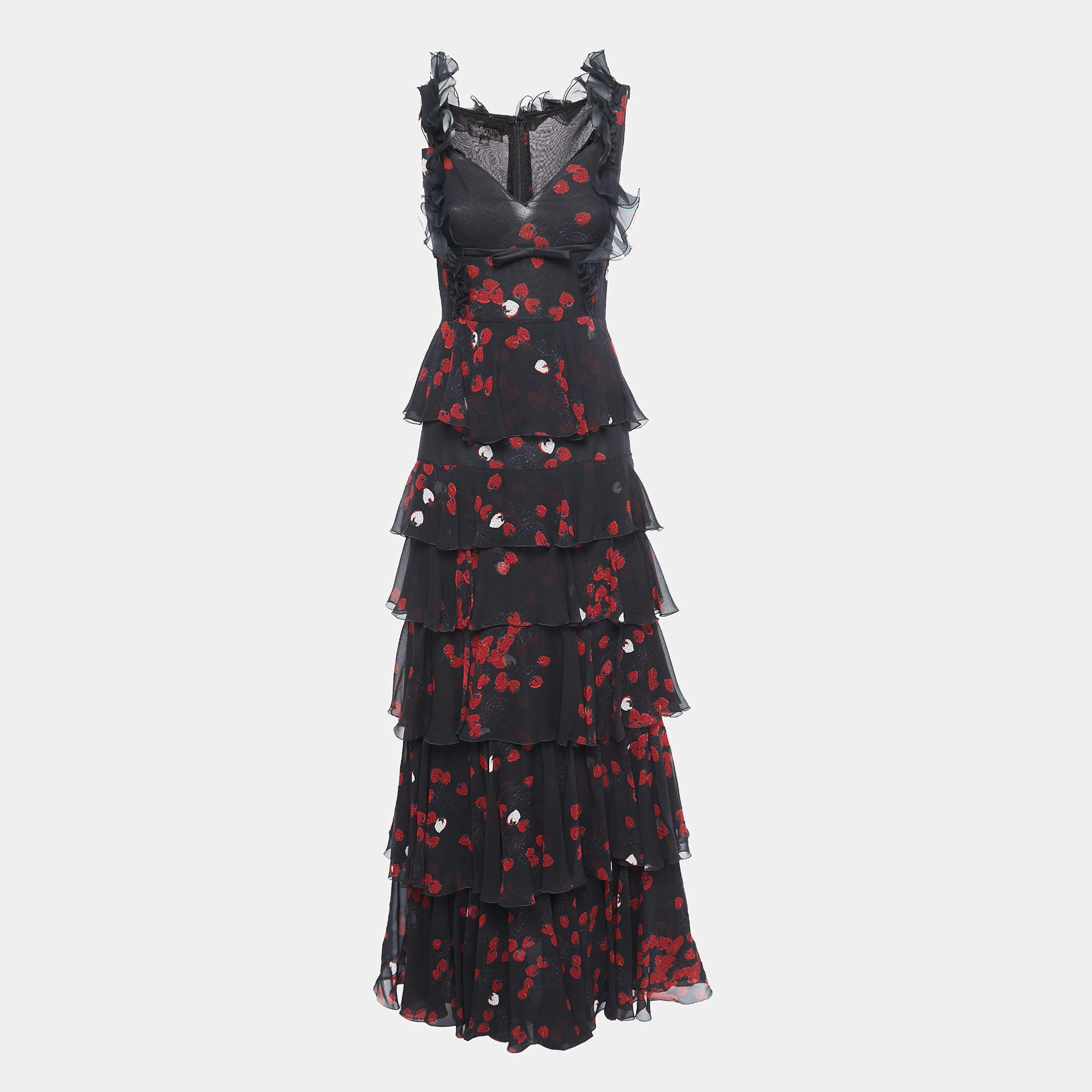 Giambattista Valli Black Strawberry Printed Silk Ruffle Detail Tiered Maxi Dress M