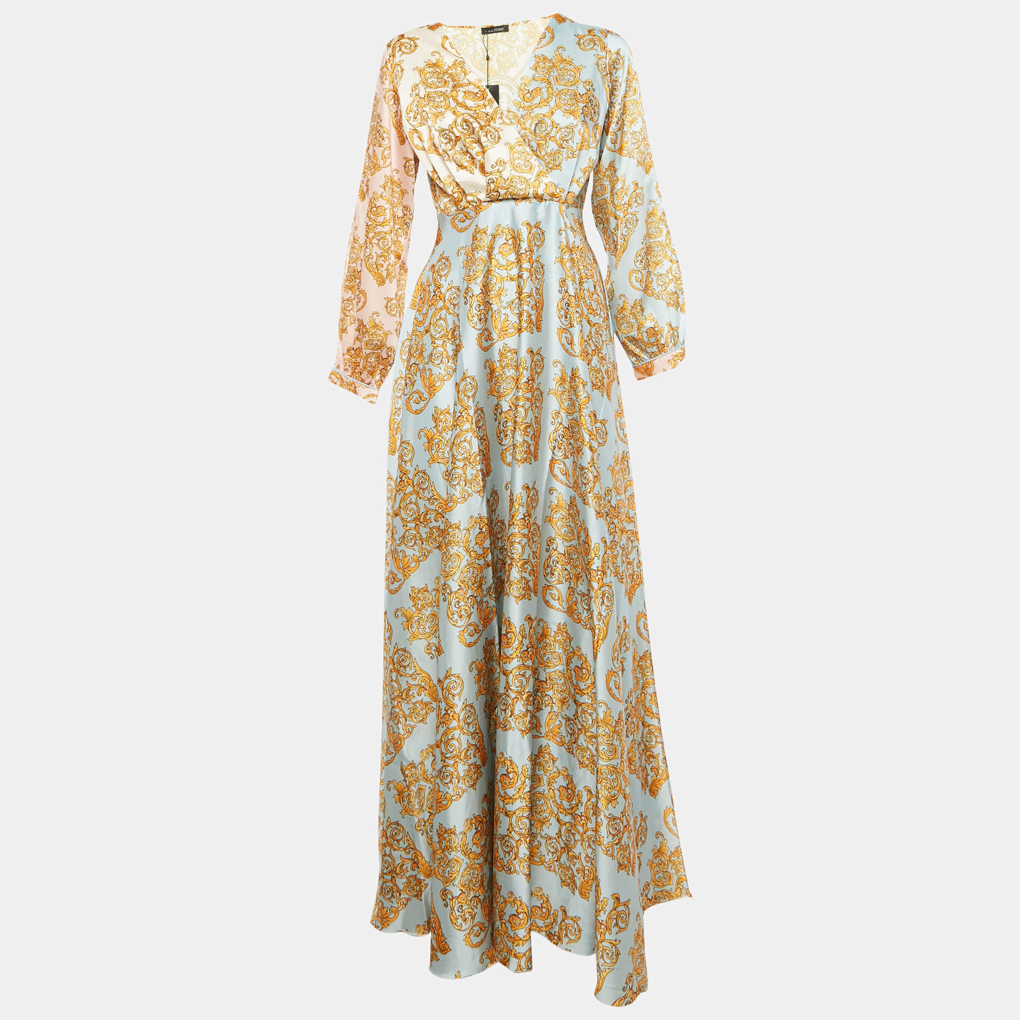 مملوكة مسبقًا Gianfranco Ferre Blue/Yellow Printed Maxi Crepe Wrap Dress S