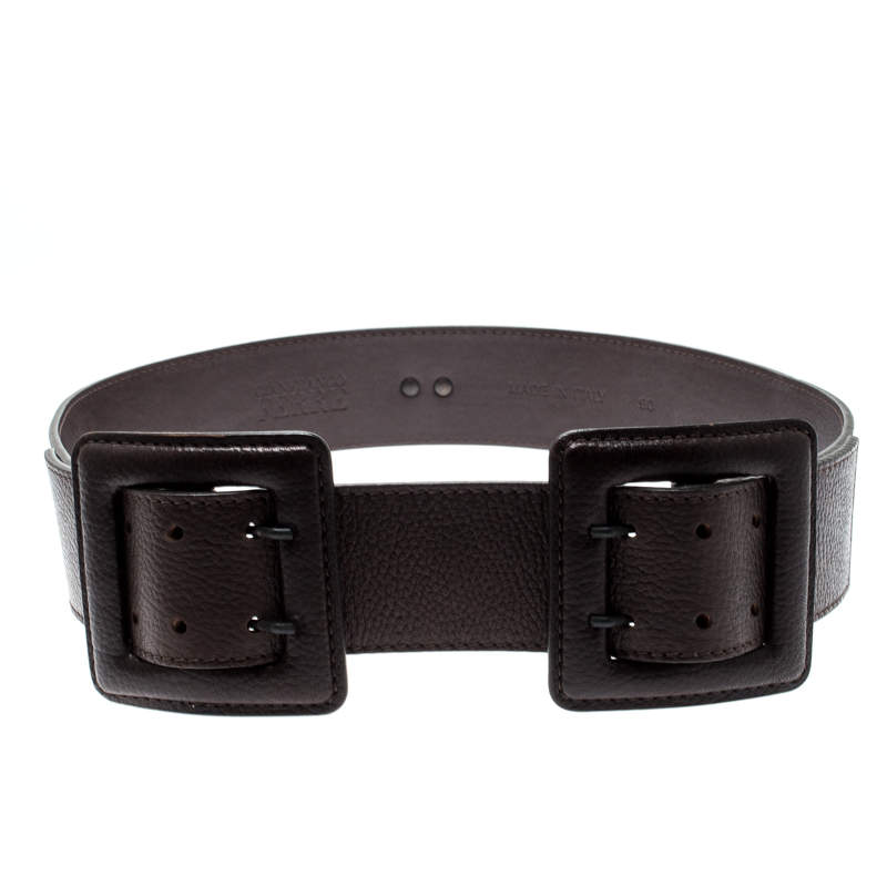 Pre Owned Gianfranco Ferre Dark Brown Leather Double Buckle Waist Belt 90CM