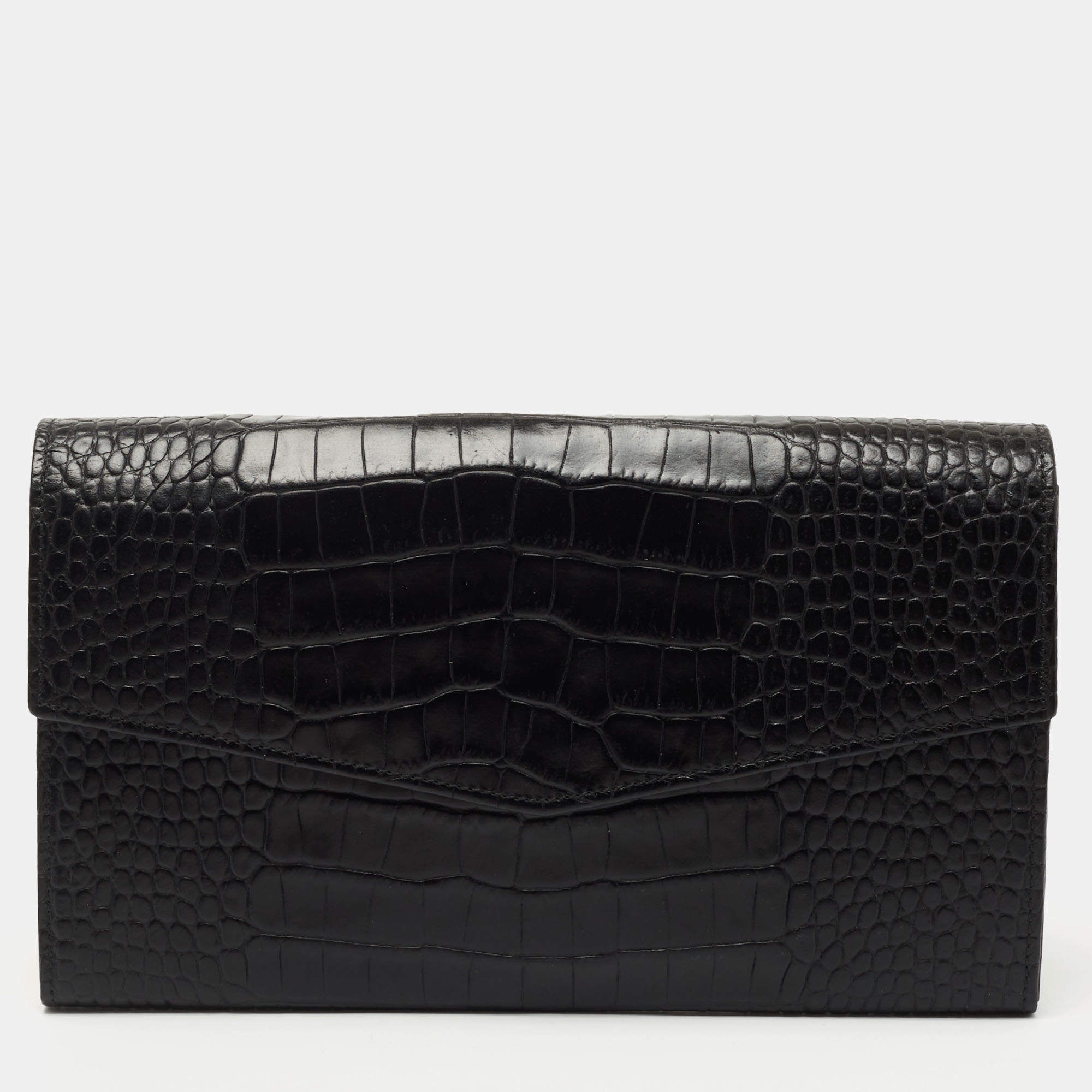 Gianfranco Ferre Black Croc Embossed Leather Envelope Flap Travel Organizer