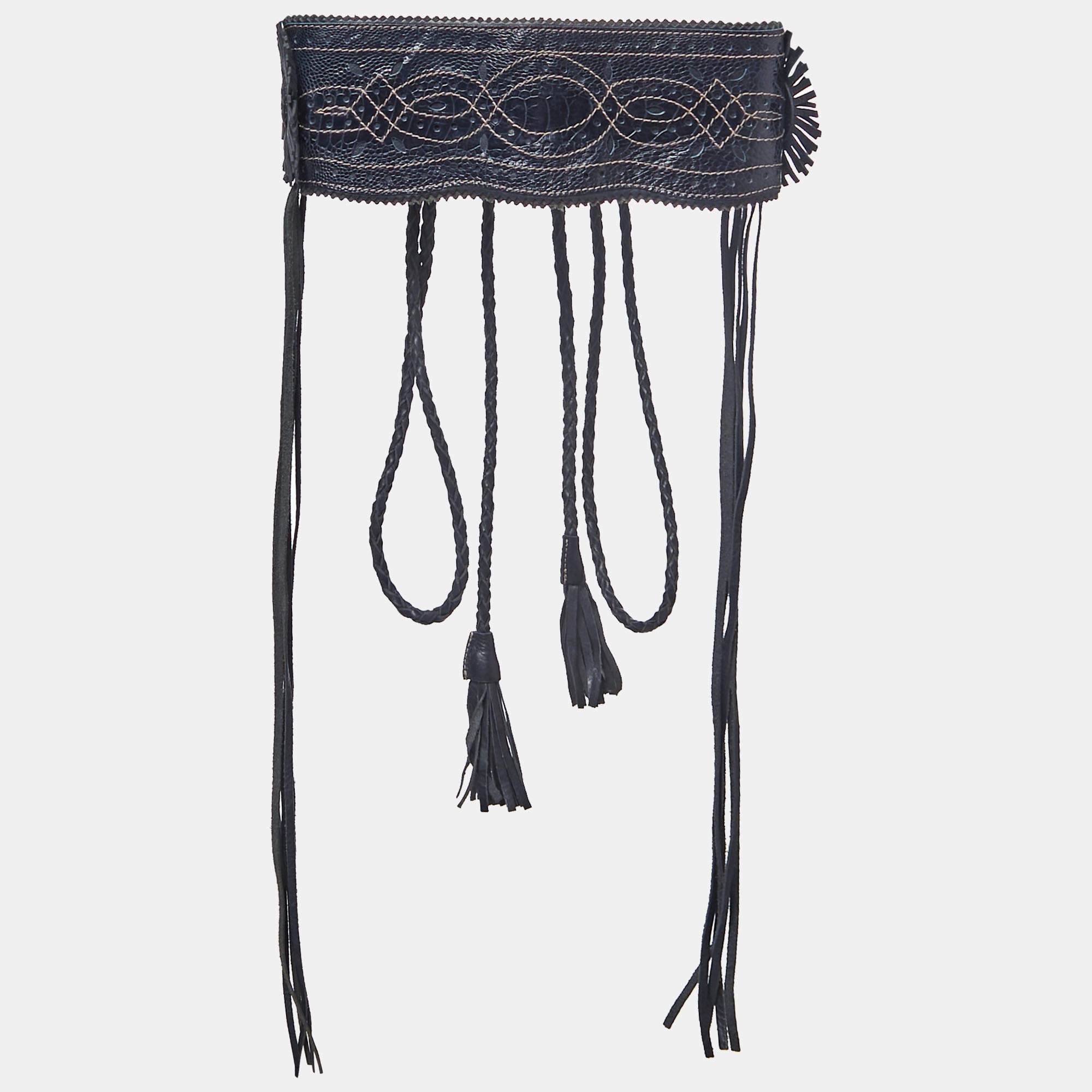 Gianfranco Ferre Navy Blue/Black Lasercut Leather and Ostrich Leg Fringe Corset Belt