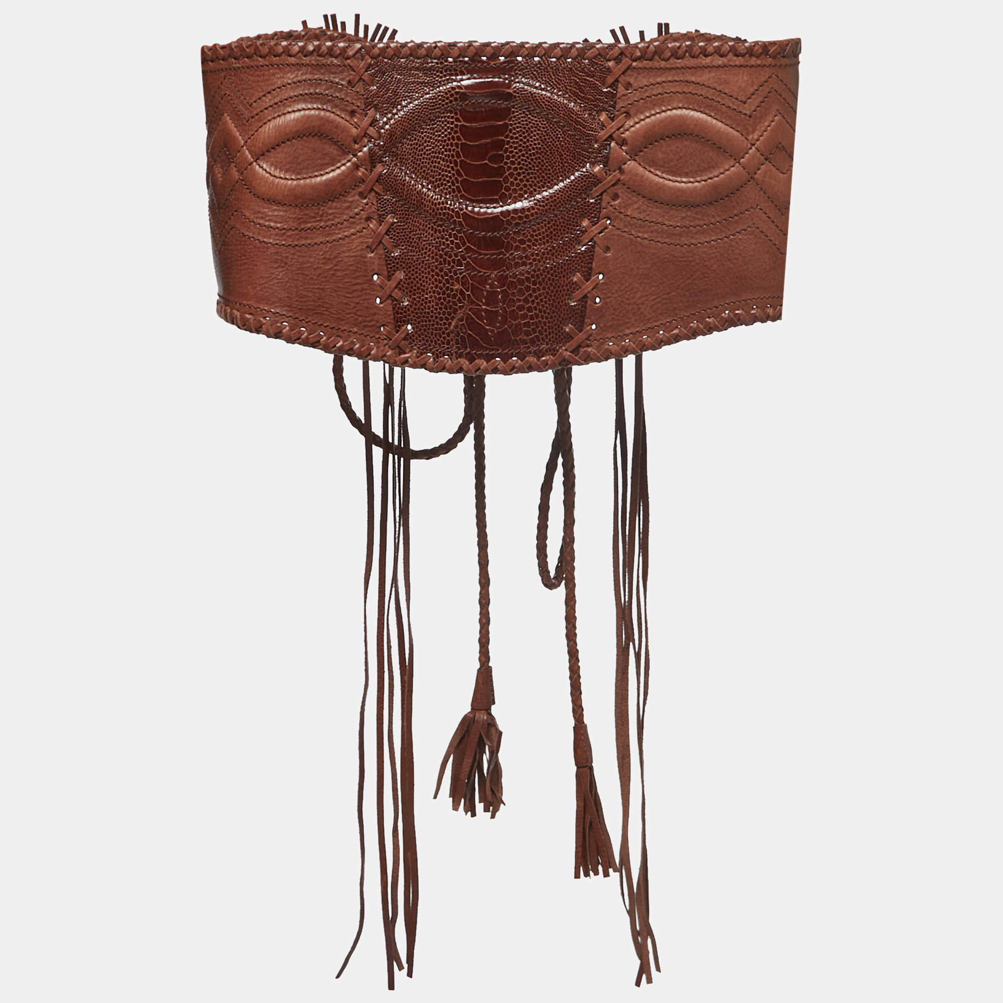 Gianfranco Ferre Brown Leather and Ostrich Braided Tassel Corset 