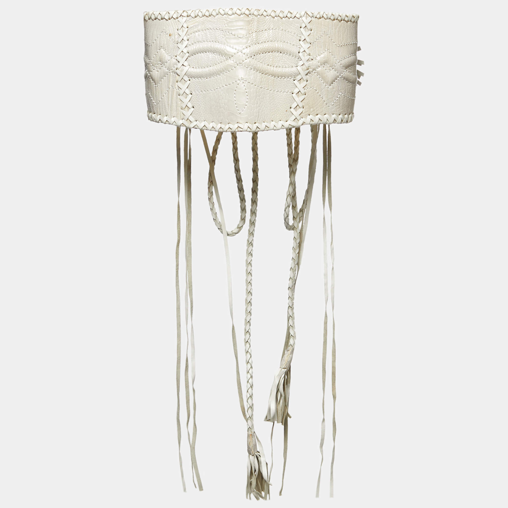 Pre Owned Gianfranco Ferre White Ostrich Leg and Leather Braided Corset Belt