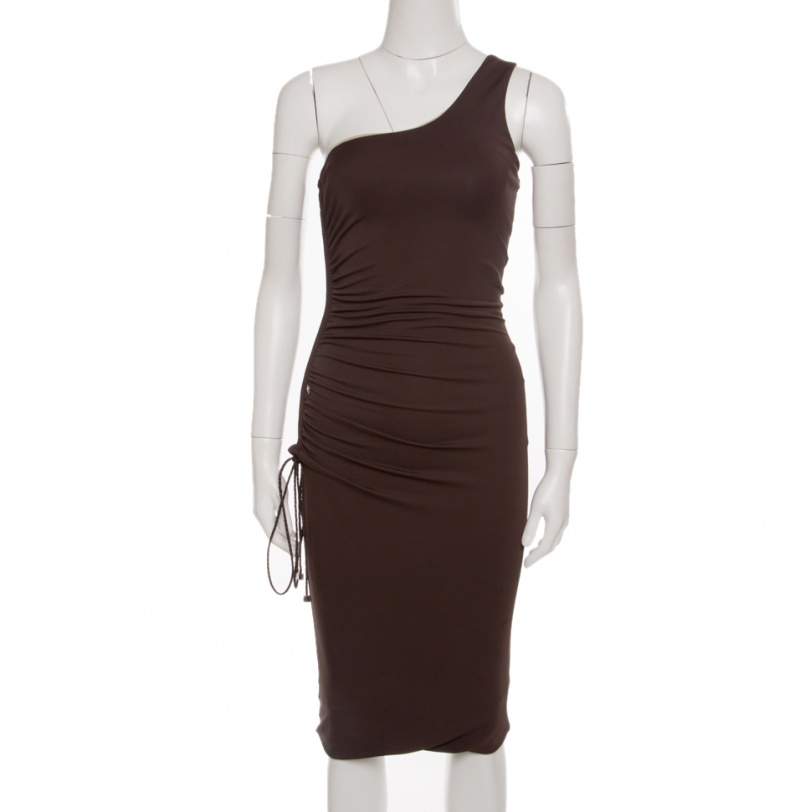 Gianfranco Ferre Brown Ruched Tie Detail One Shoulder Dress S