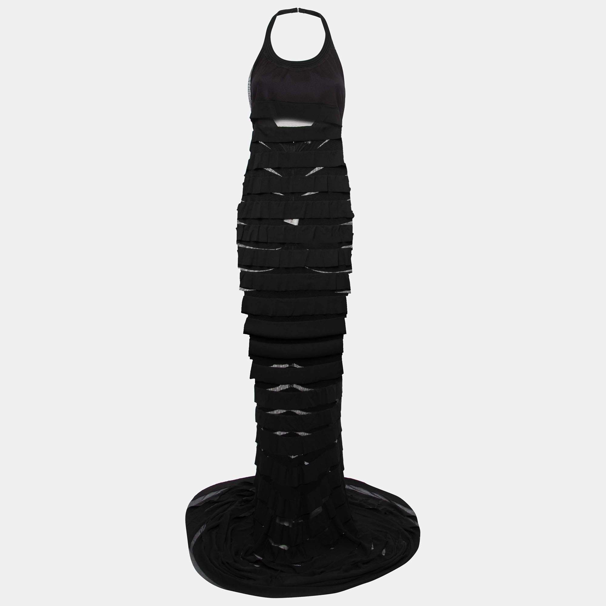 Pre Owned Gianfranco Ferre Black Stretch Tulle & Crepe Tiered Maxi Dress L