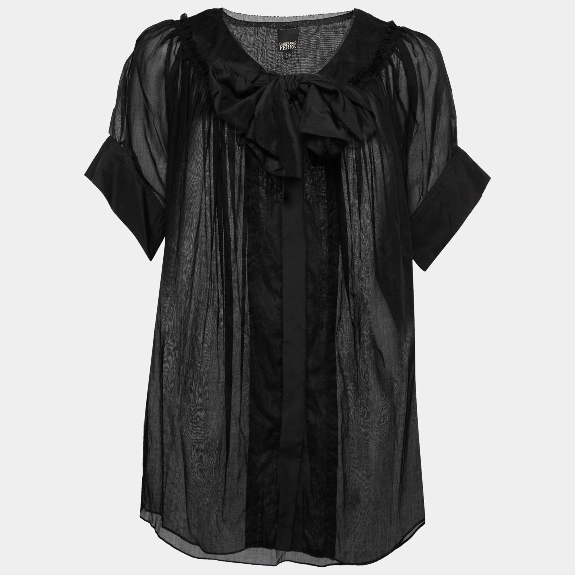 Gianfranco Ferre Black Cotton Bow Detail Button Front Blouse M