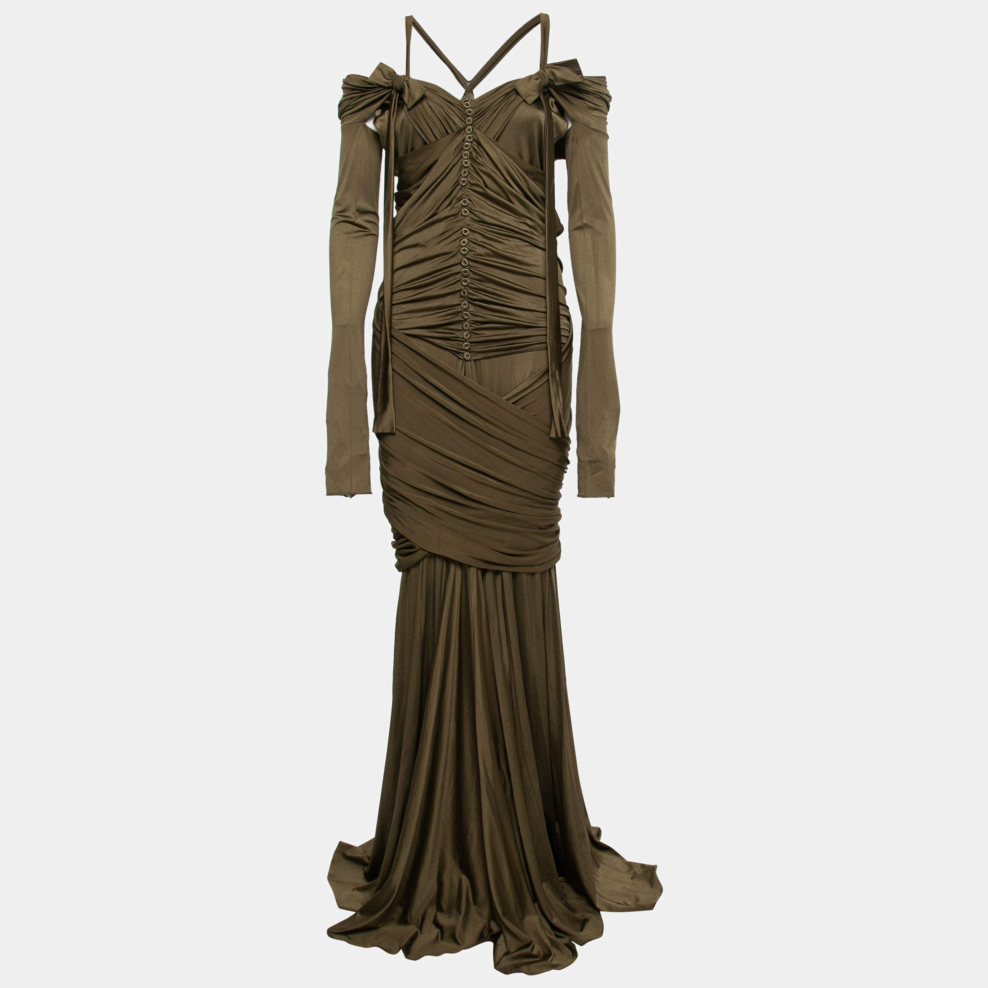 Pre Owned Gianfranco Ferre Olive Green Jersey Draped Cut Out Detail Maxi Dress XL