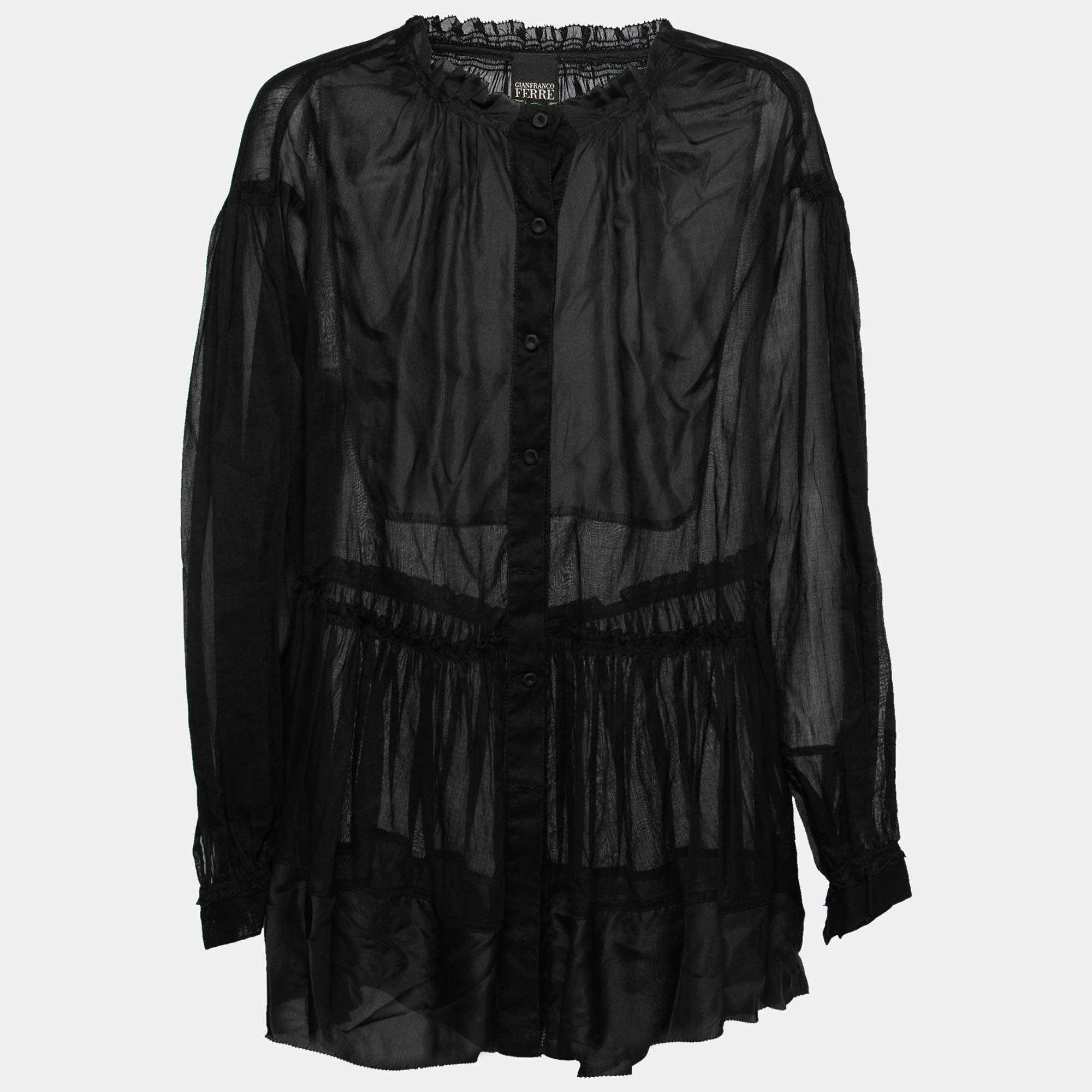 Gianfranco Ferre Black Silk Ruffled Tiered Blouse L