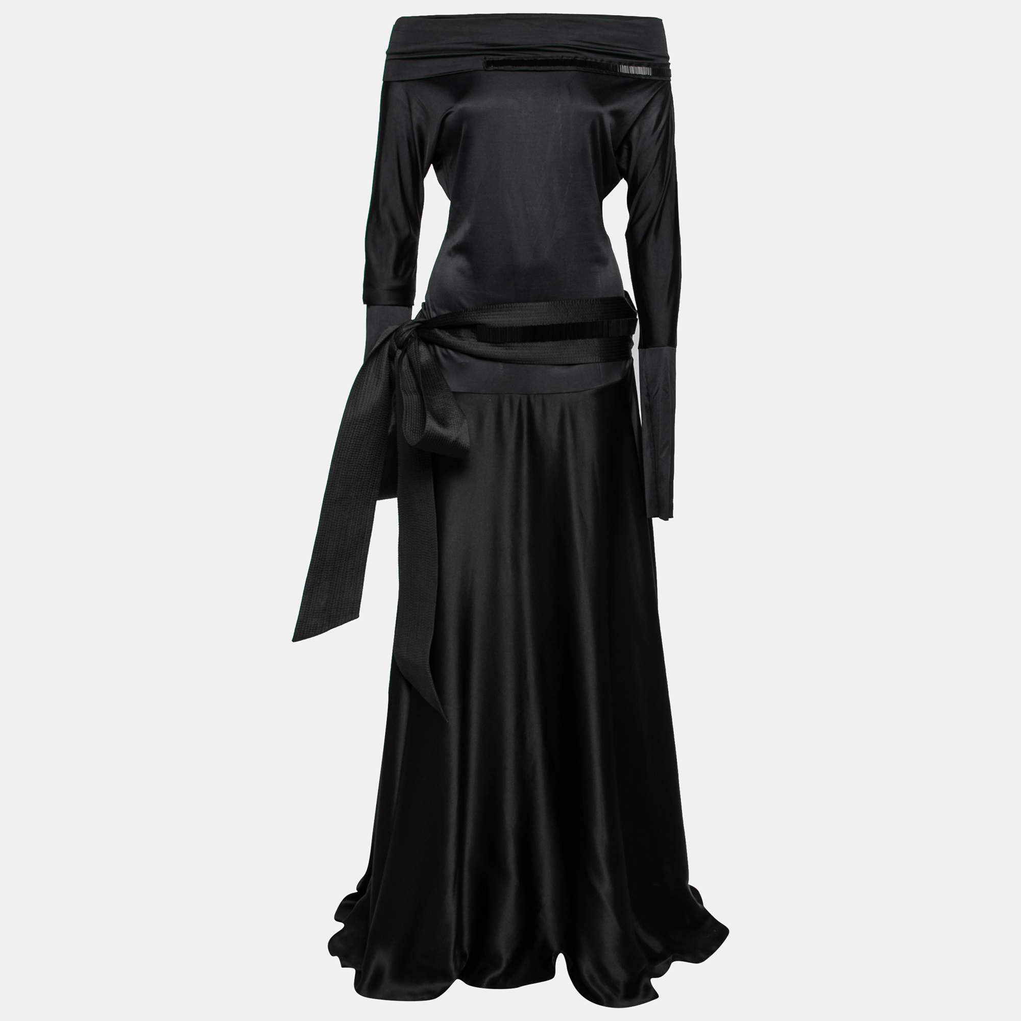 Gianfranco Ferre Black Jersey & Silk Cut-Out Back Belted Dress M
