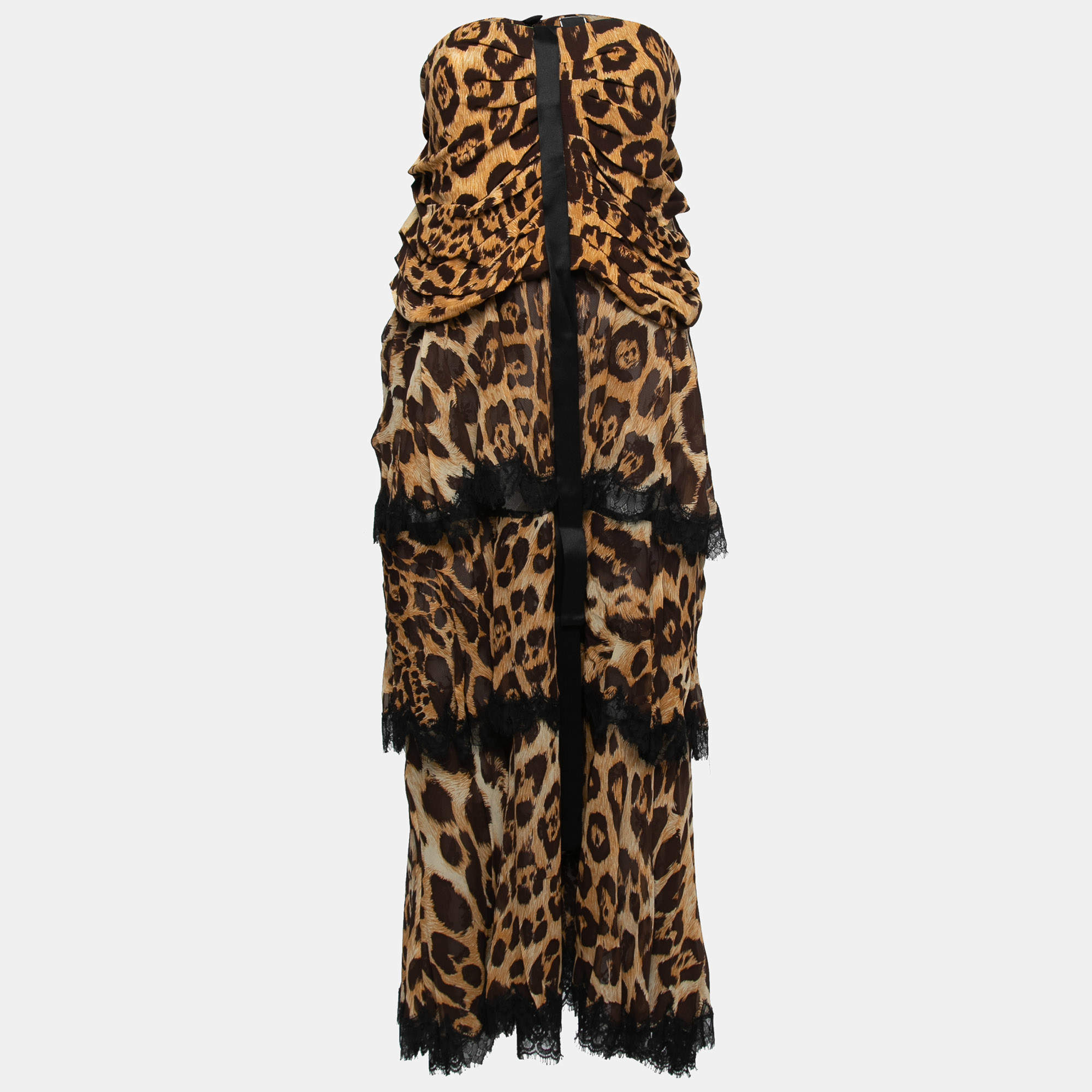 Pre Owned Gianfranco Ferre Brown Vintage Animal Print Chiffon & Lace Trim Halterneck Dress L