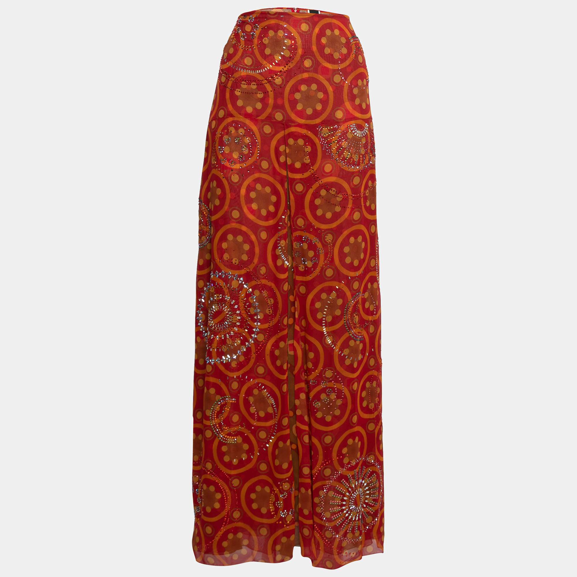 Gianfranco Ferre Vintage Red Printed Silk Embellished Maxi Skirt L