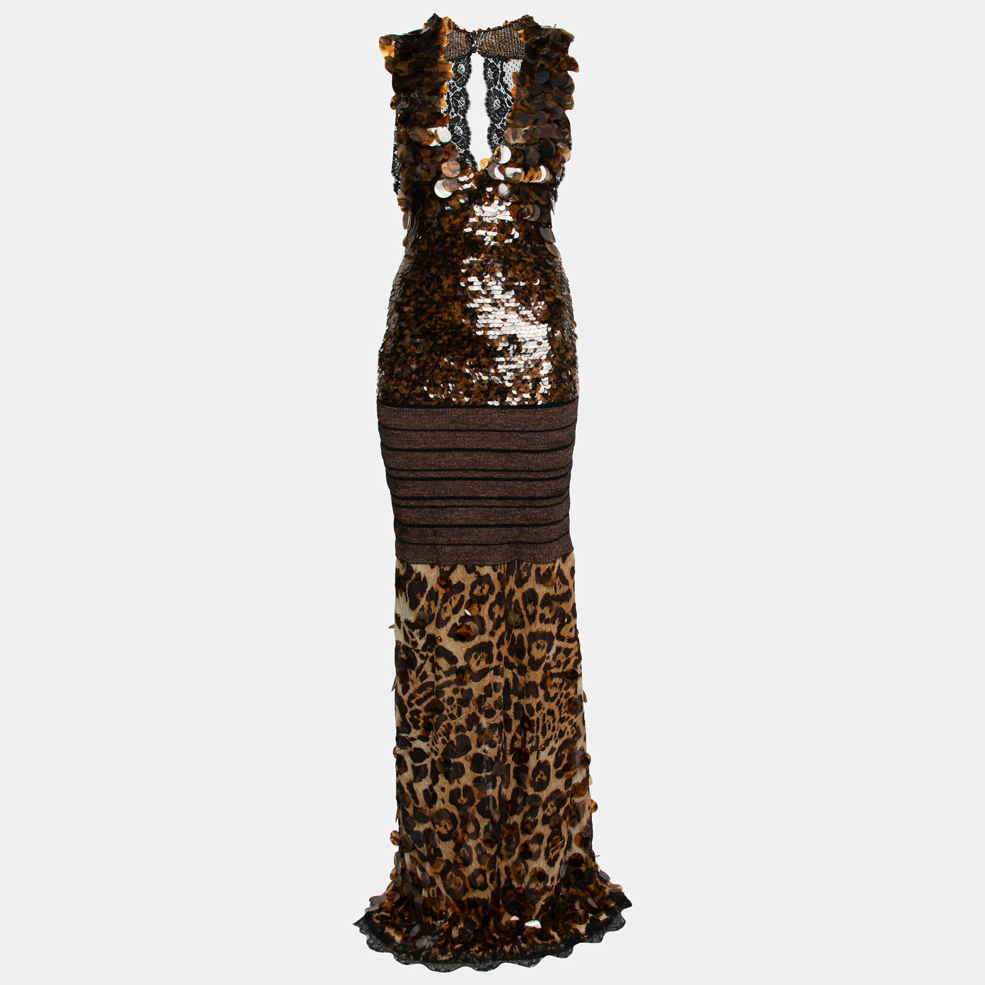 Pre Owned Gianfranco Ferre Vintage Brown Animal Print Chiffon Sequin-Embellished Long Dress L