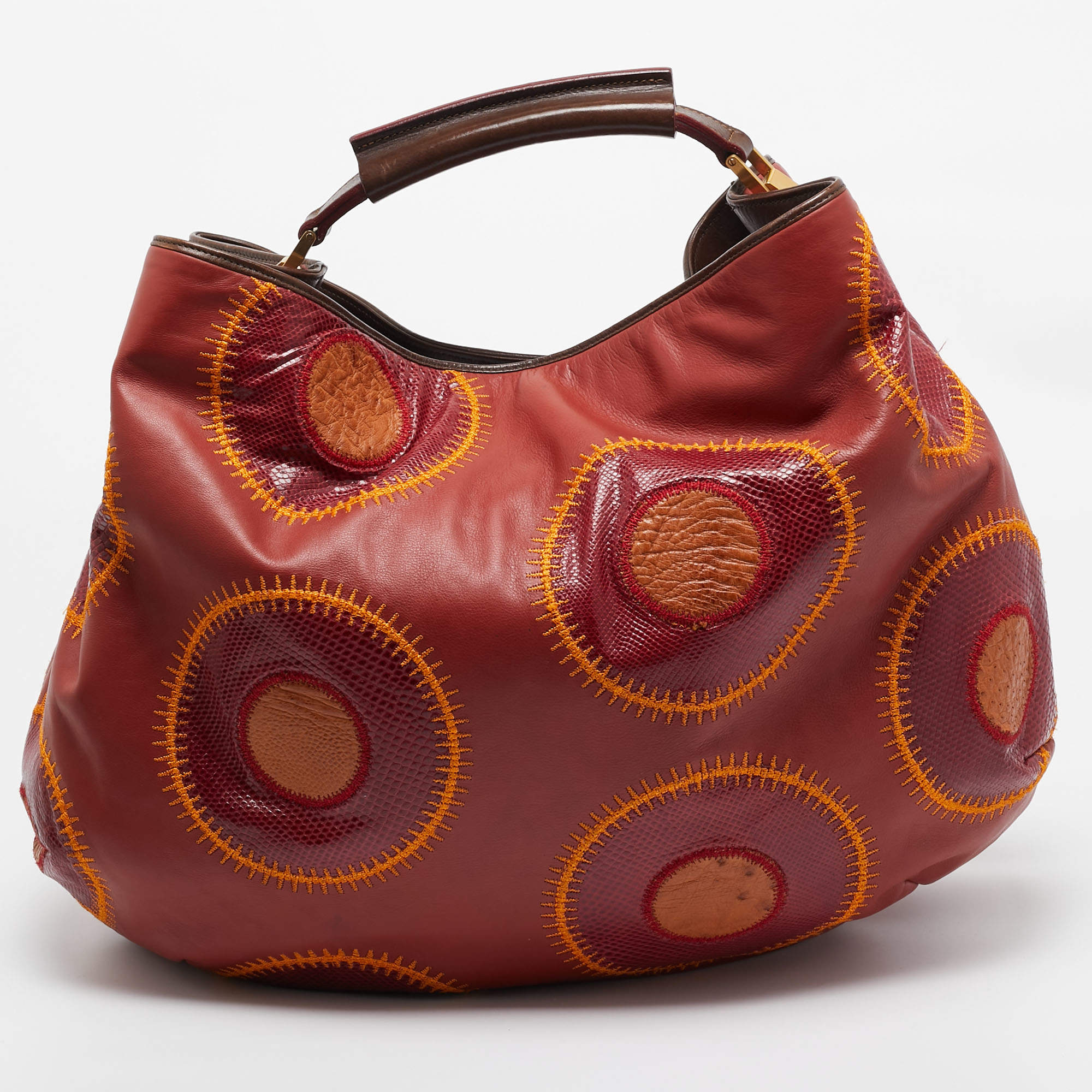 Gianfranco Ferre Multicolor Leather, Snakeskin and Ostrich Embroidered Patch Hobo
