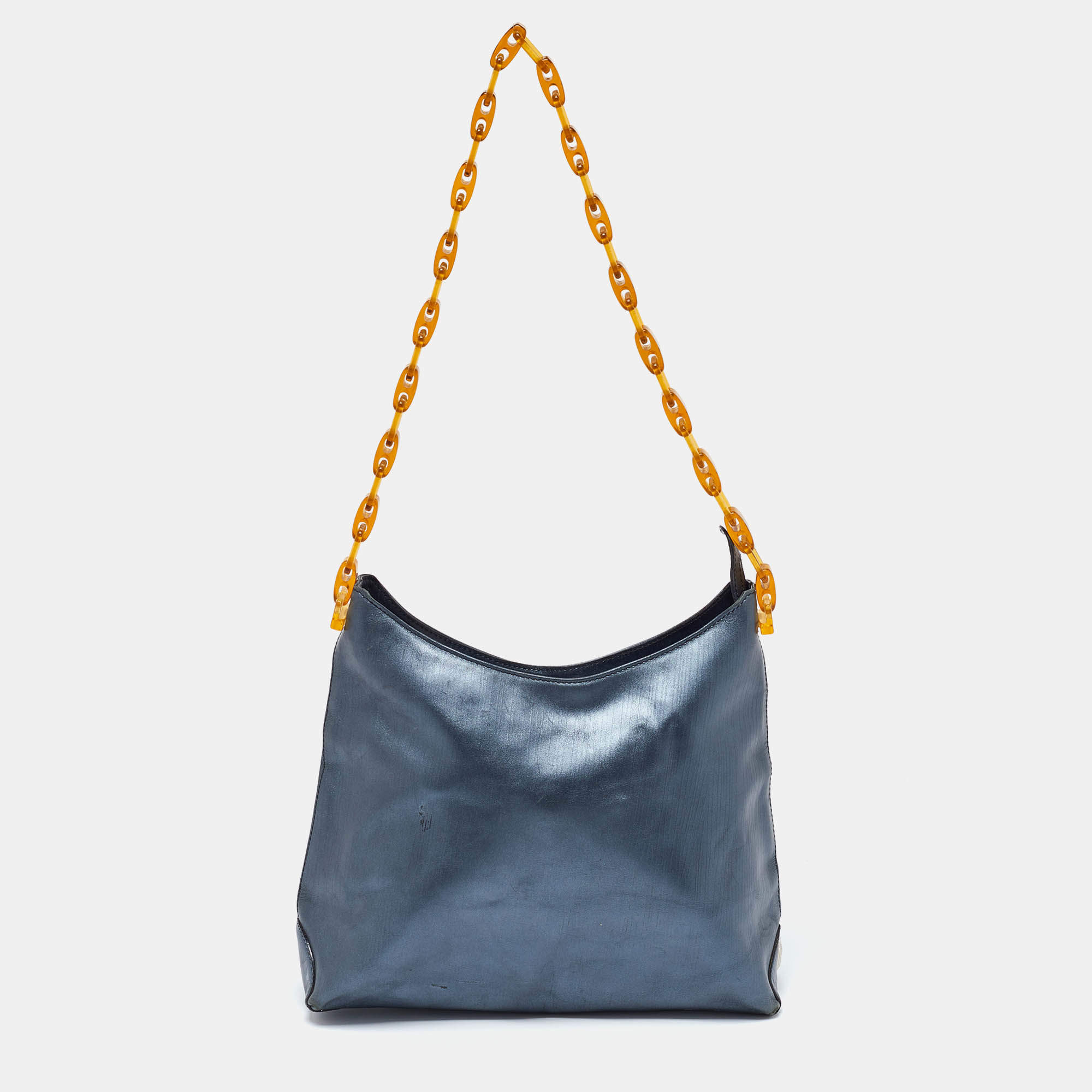 Gianfranco Ferre Metallic Blue Leather Chain Hobo