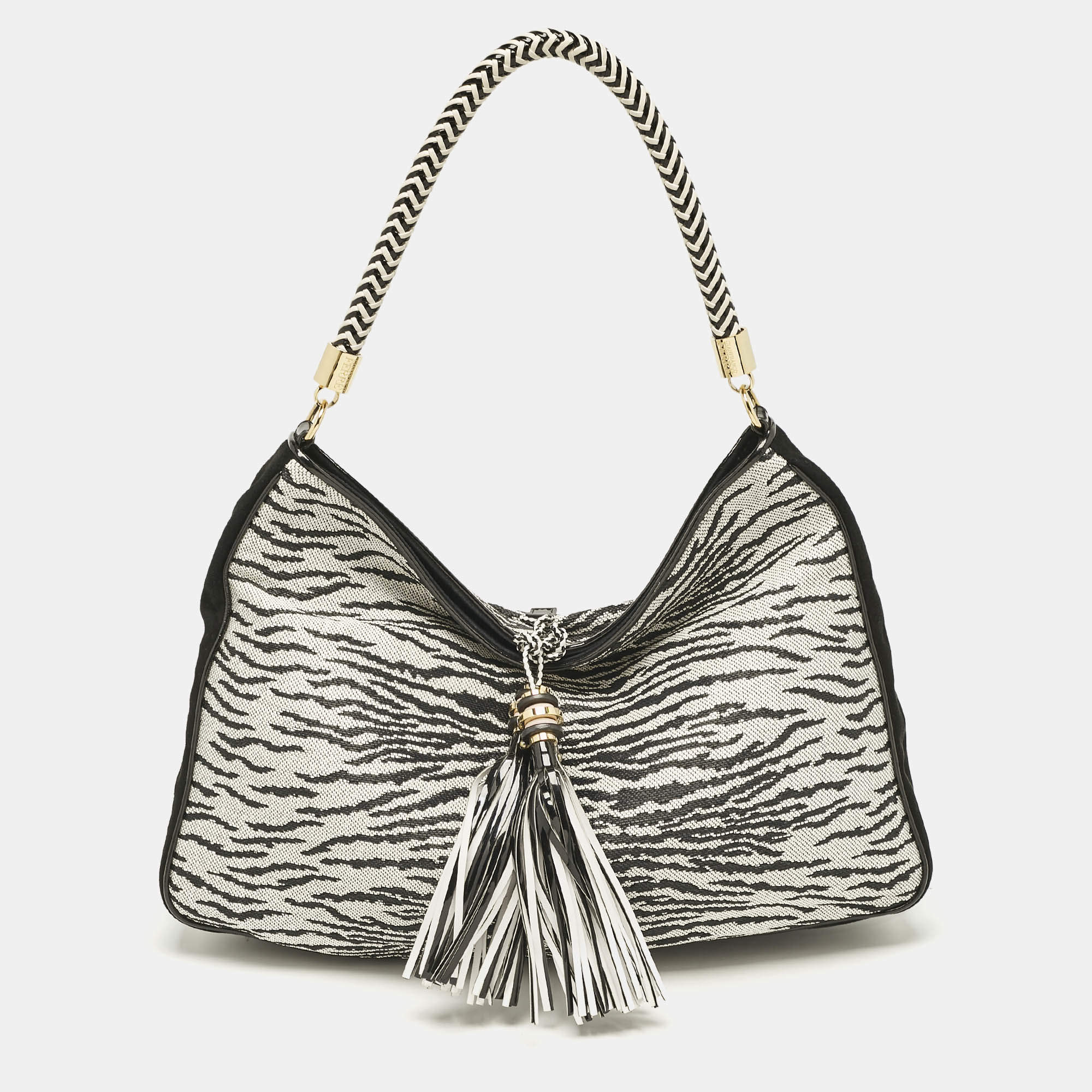 Gianfranco Ferre Black/White Zebra Effect Straw Tassel Hobo