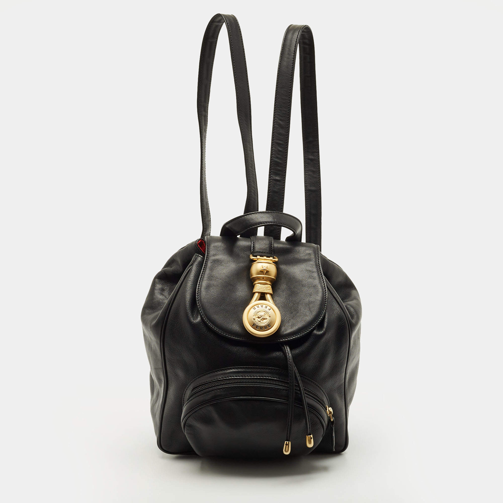 Pre Owned Gianfranco Ferre Small Black Leather Drawstring Backpack