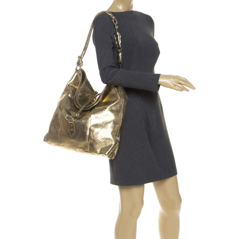 Pre Owned Gianfranco Ferrer Gold Python Embossed Leather Hobo