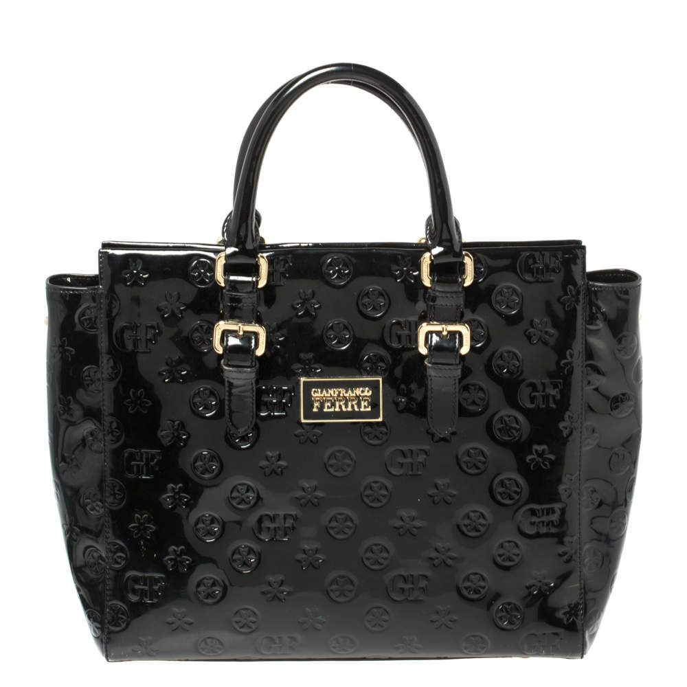 Gianfranco Ferre Signature Embossed Patent Leather Buckle Handle Tote
