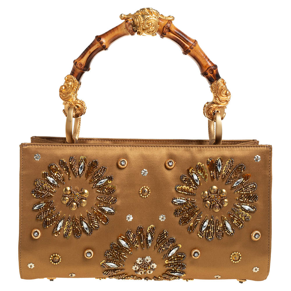Pre Owned Gianfranco Ferre Gold Satin Crystal Embroidered Top Handle Bag