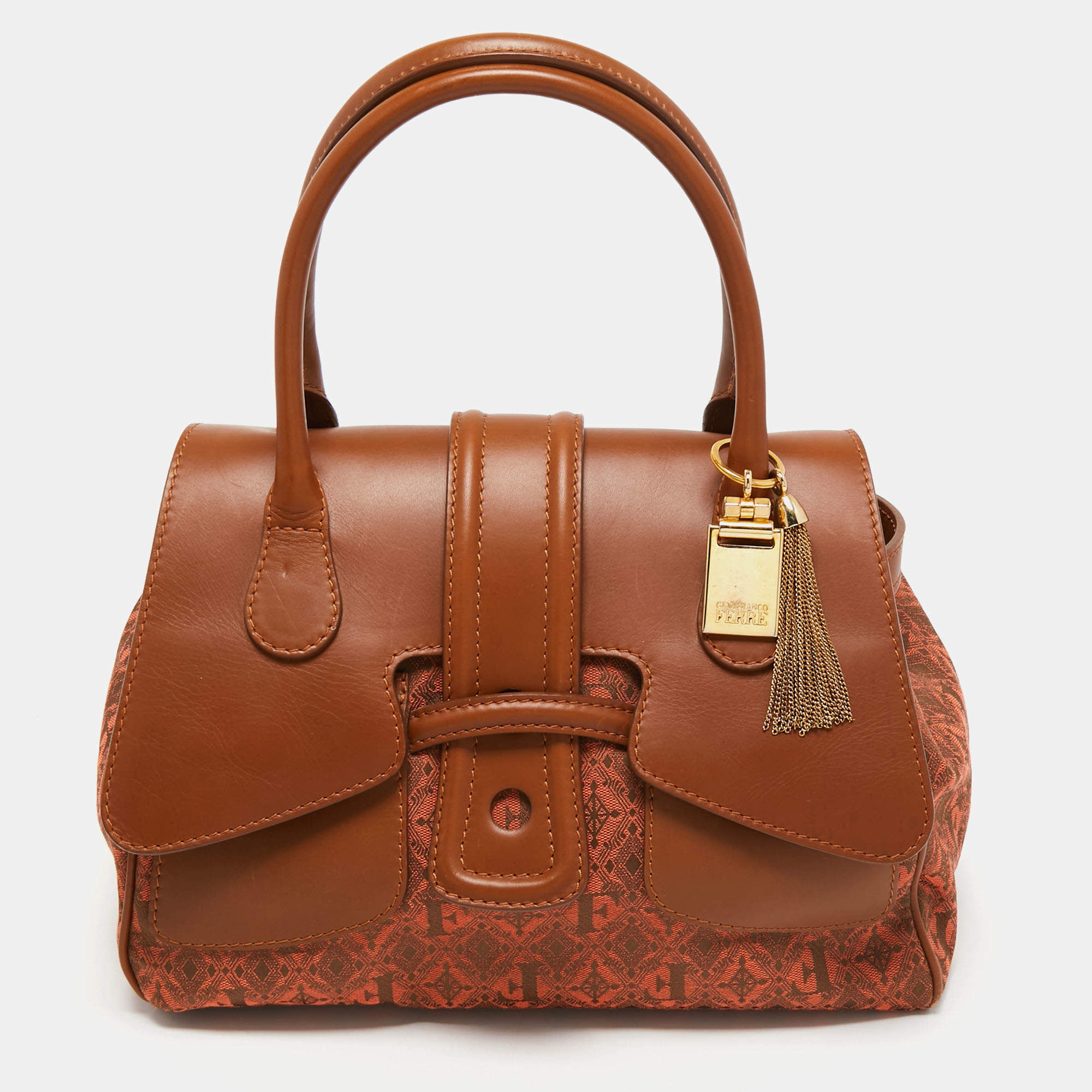 Gianfranco Ferre Brown Jacquard Fabric and Leather Flap Satchel