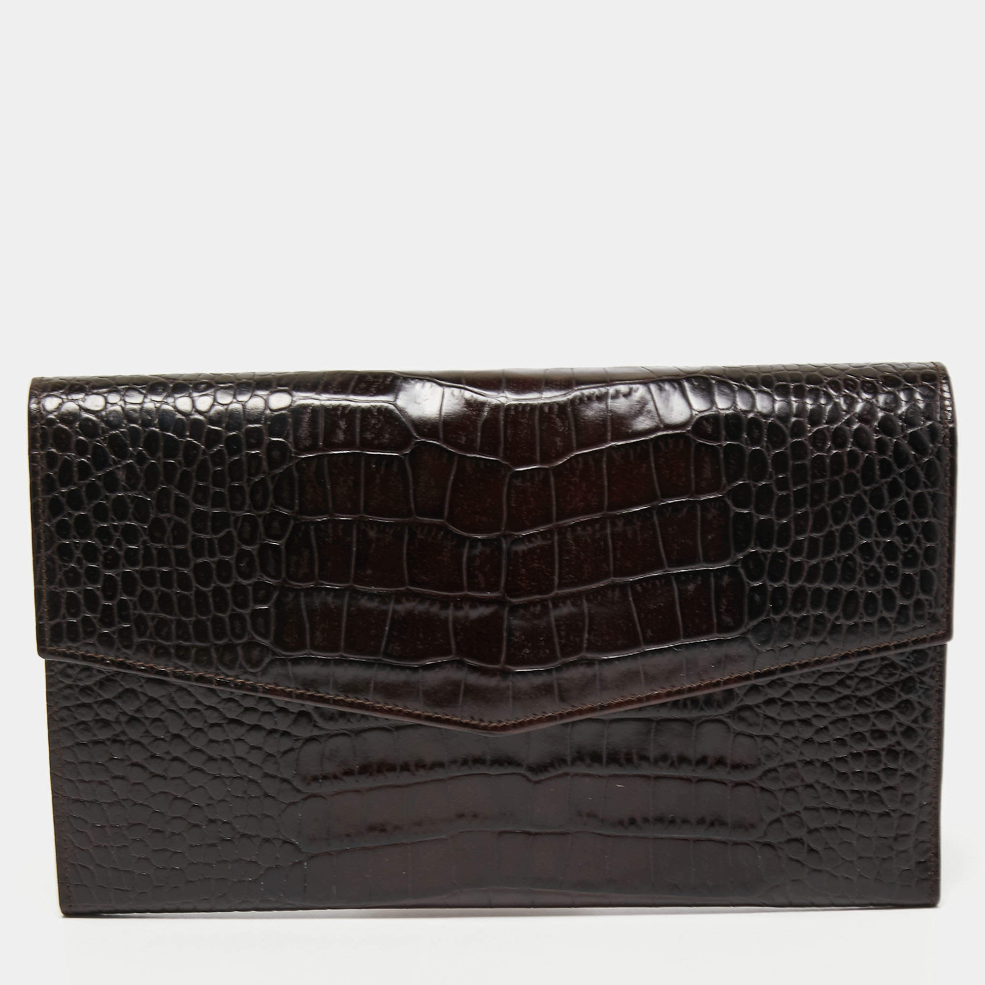 Pre Owned Gianfranco Ferre Dark Brown Alligator Envelope Flap Travel Organizer