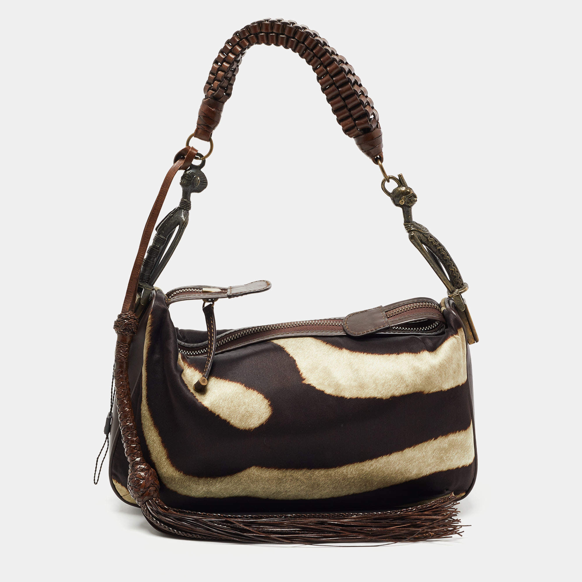 Gianfranco Ferre Brown Zebra Print Satin and Leather Tribe Handle Shoulder Bag