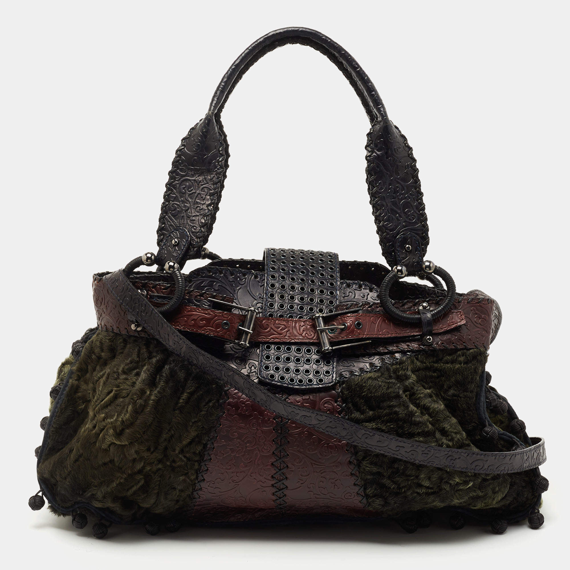 Gianfranco Ferre Multicolor Embossed Leather and Astrakhan Fur Tote