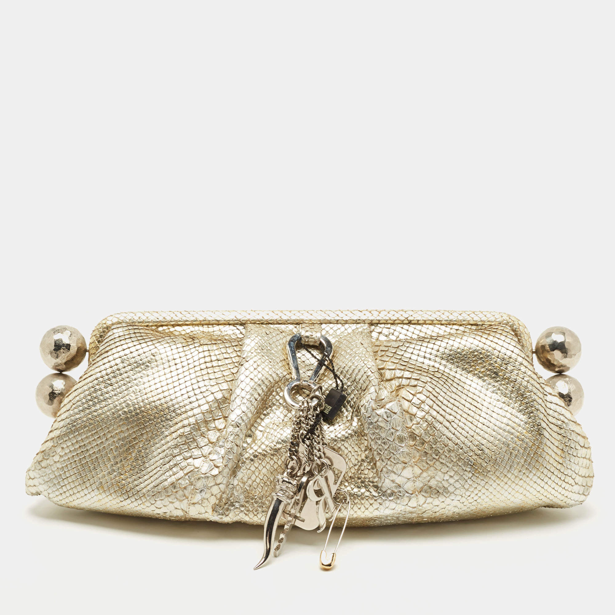 Gianfranco Ferre Gold Python Embossed Leather Charm Frame Clutch