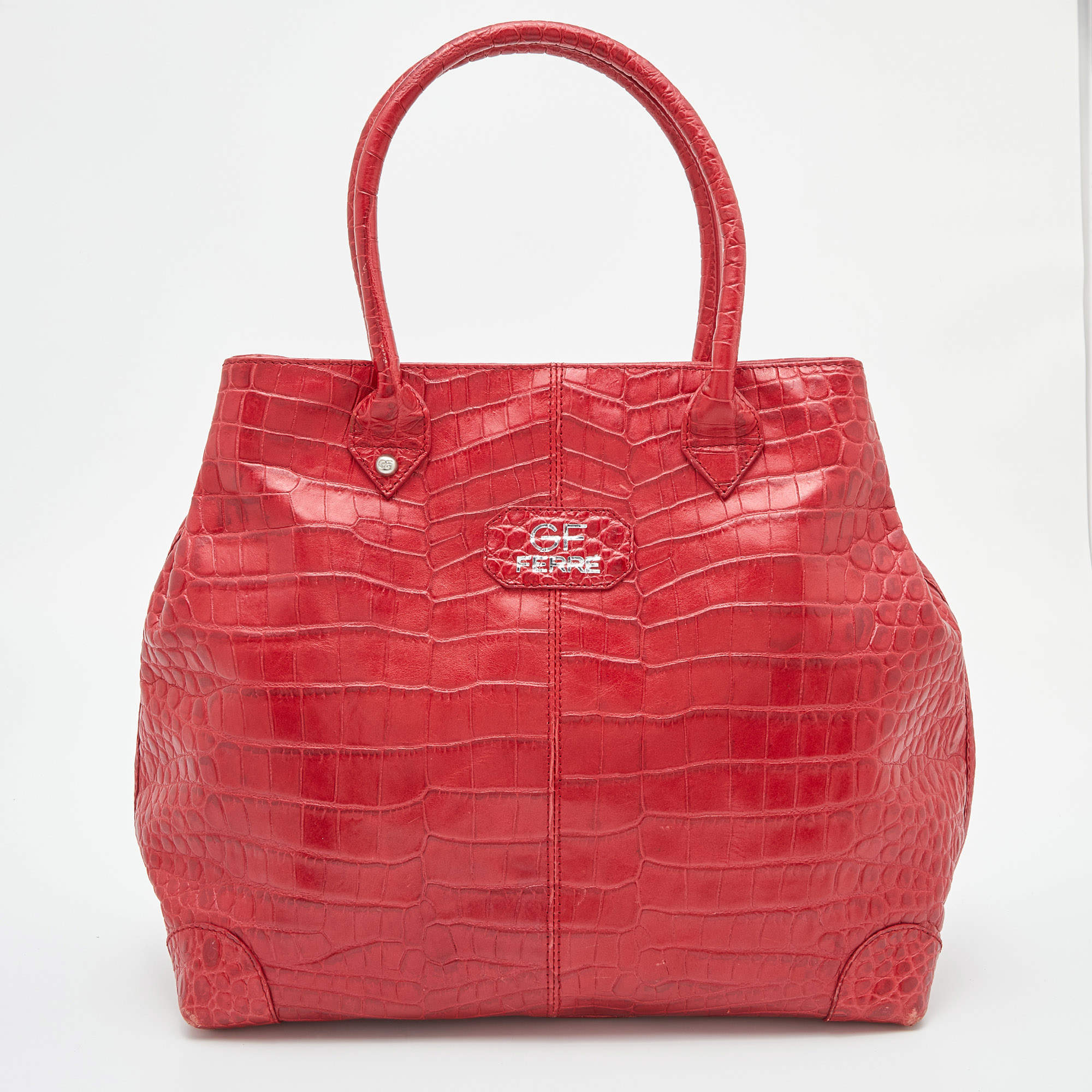 Gianfranco Ferre Red Croc Embossed Leather Tote