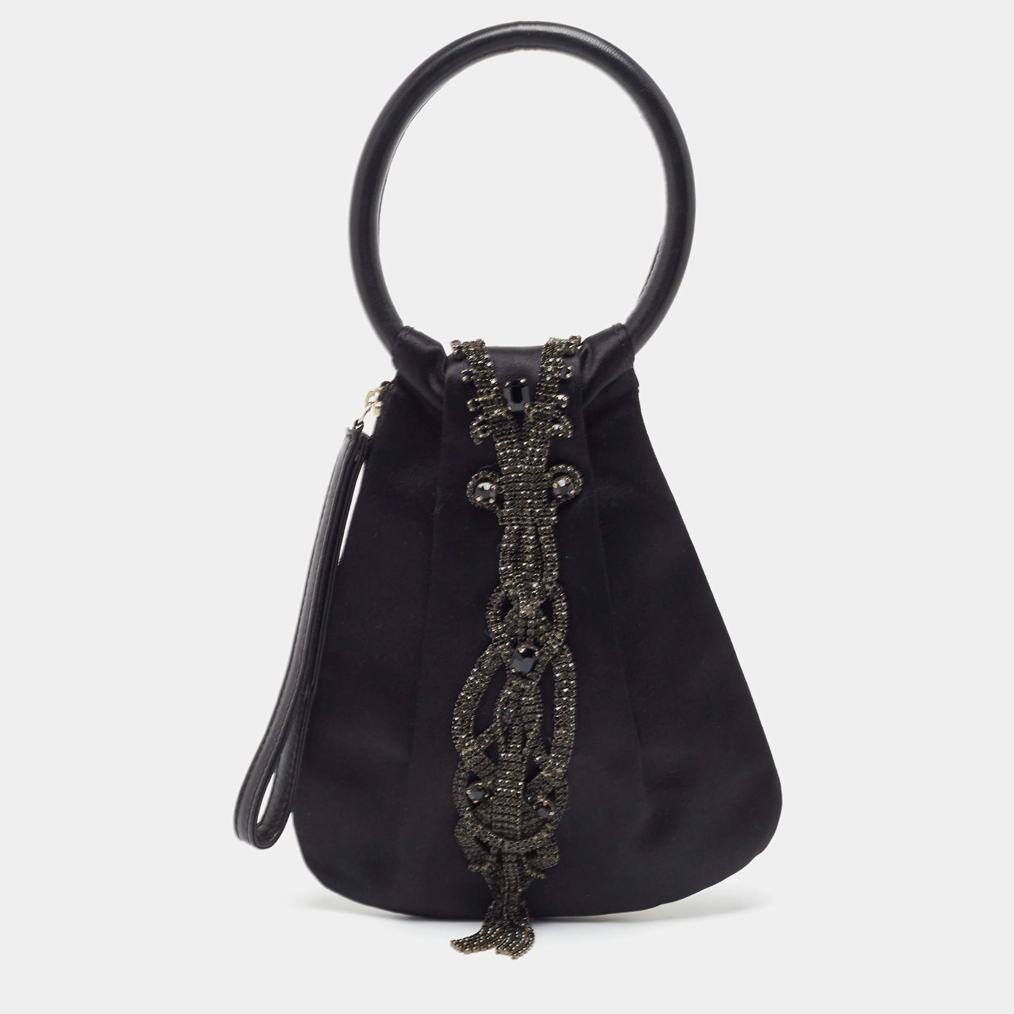 Pre Owned Gianfranco Ferre Black Pleated Satin Crystals Bangle Clutch