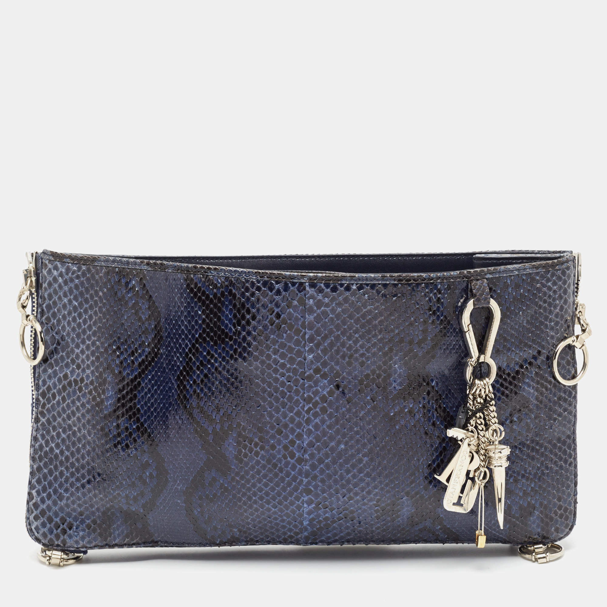 Gianfranco Ferre Blue Python Oversized Zip Clutch