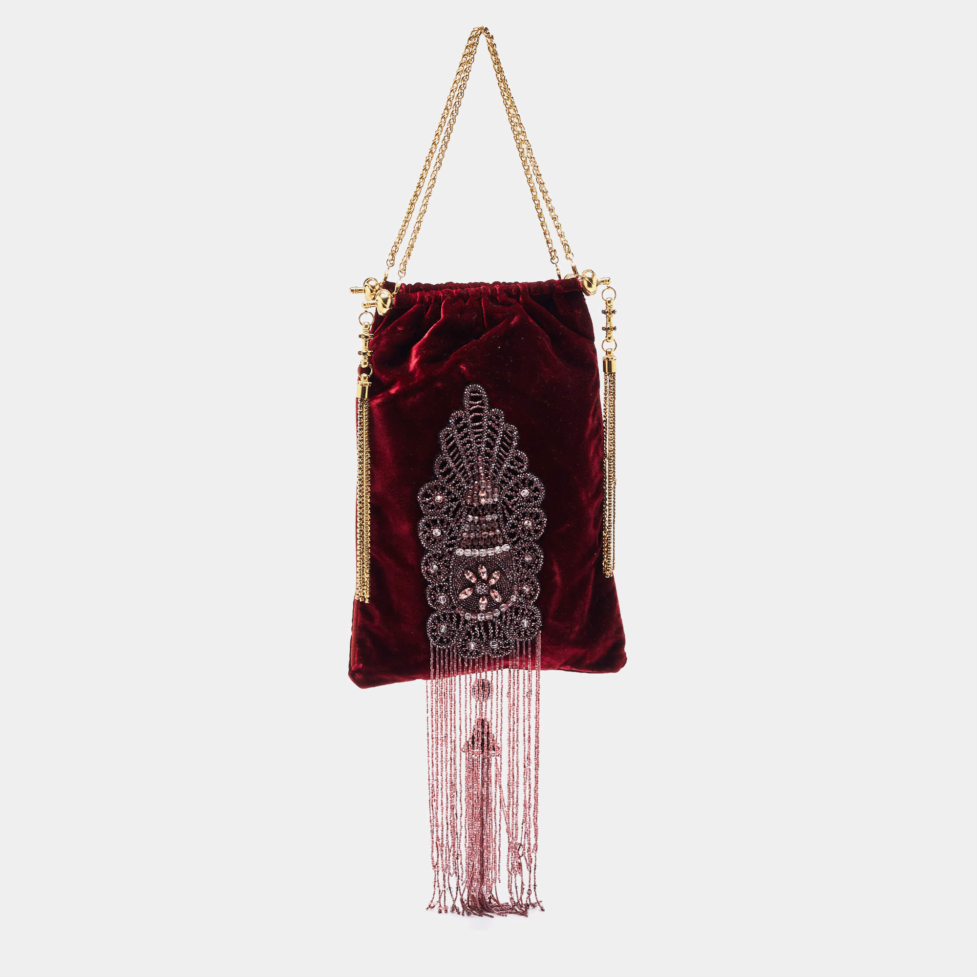 Pre Owned Gianfranco Ferre Burgundy Velvet Crystal And Bead Embellished Shoulder Bag