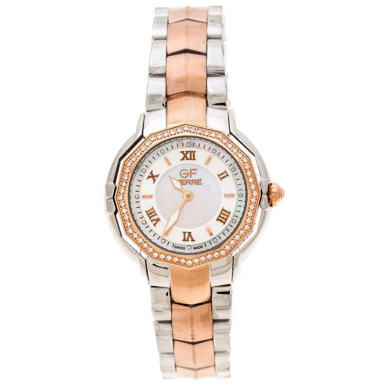 Pre Owned Gianfranco Ferre Mother of Pearl Two-Tone Stainless Steel Women's Wristwatch 33 mm
