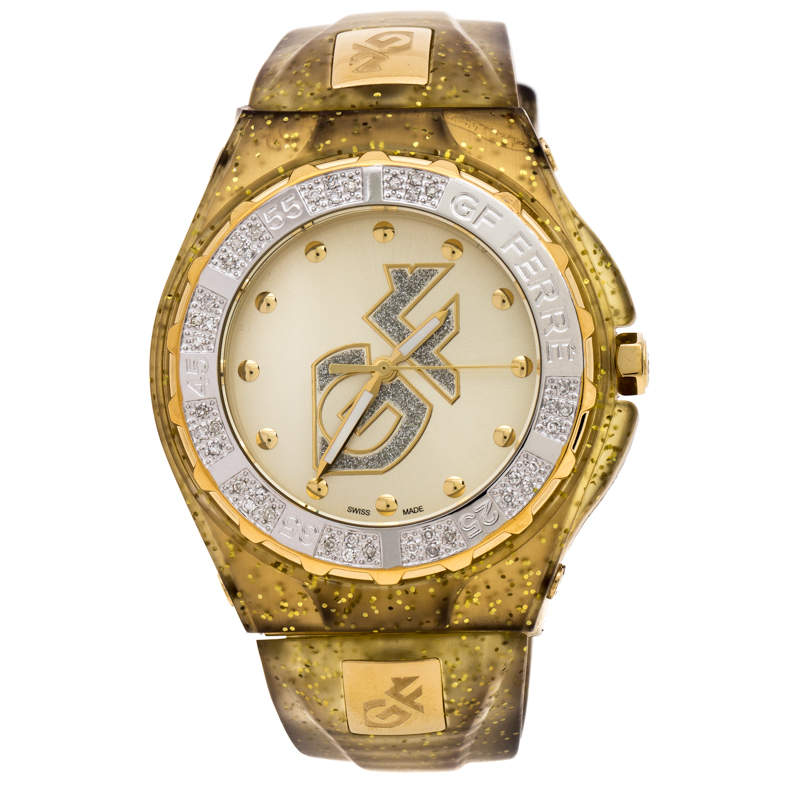 GF Ferre Yellow Gold Plated Stainless Steel Rubber GF.9024J Women's Wristwatch 45 mm
