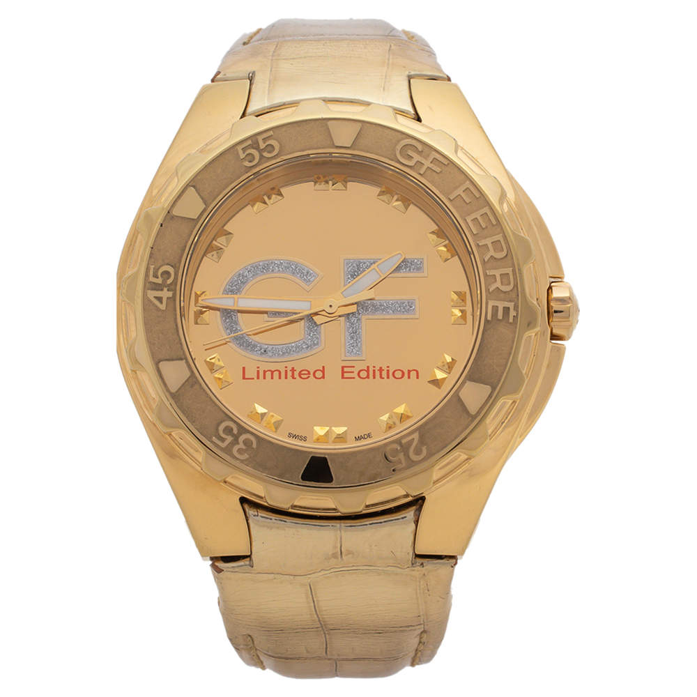 Gianfranco Ferre Gold Tone Stainless Steel 9040J Limited Edition Diamond Unisex Wristwatch 44MM