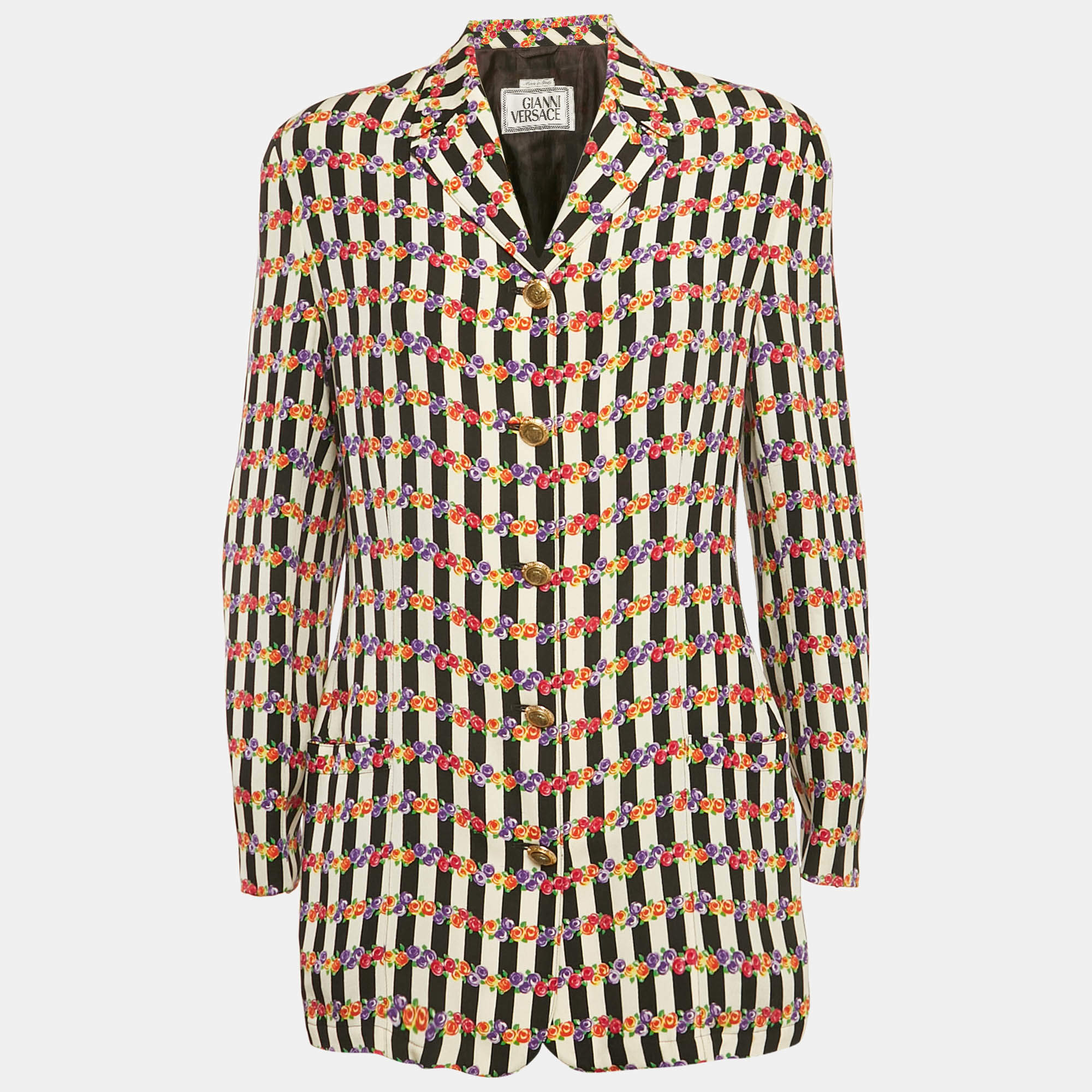 Gianni Versace Multicolor Floral and Stripe Print Silk Blazer M