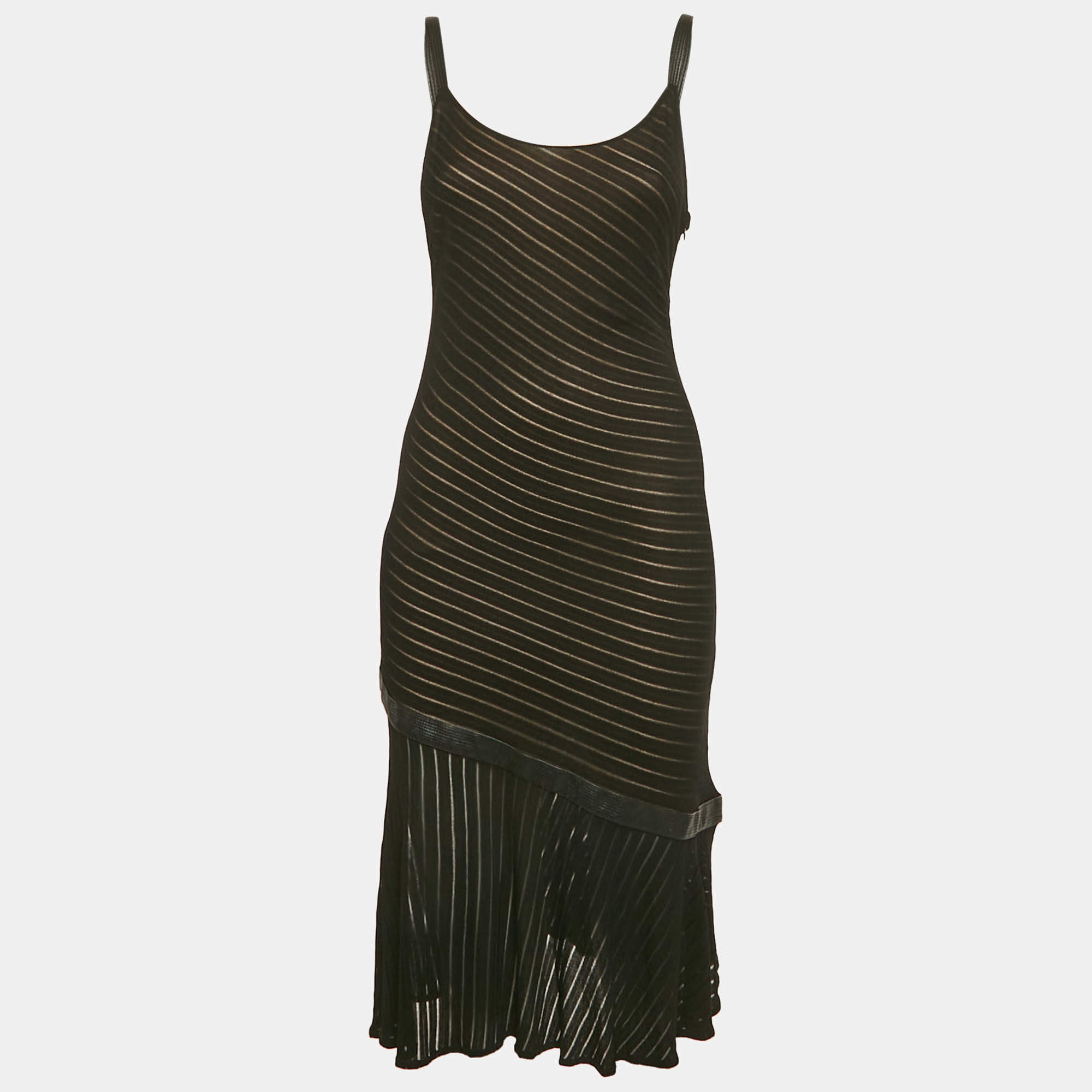 Gianni Versace Couture Black Pattered Knit Leather Trim Short Dress M 