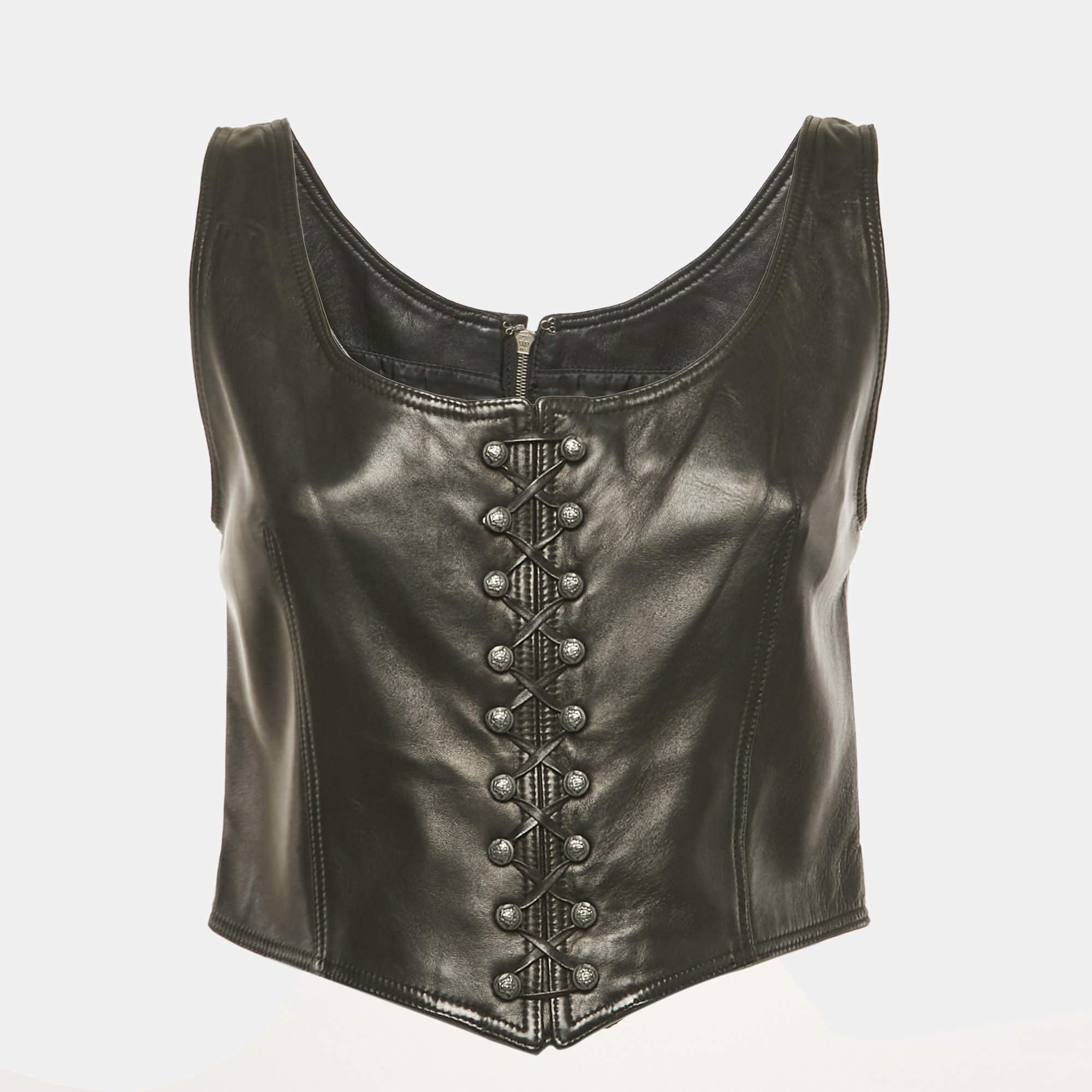 Pre Owned Gianni Versace Vintage Black Leather Lace Up Corset Top M