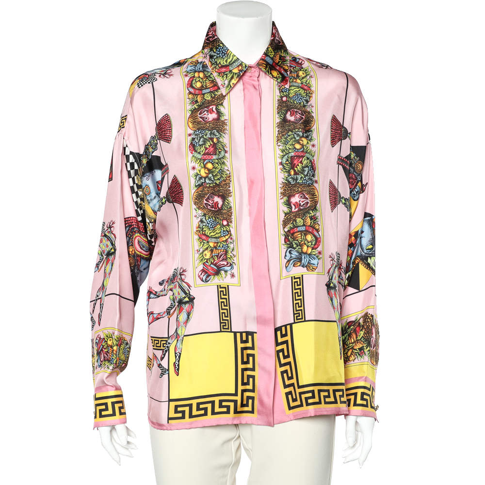 Pre Owned Versace Pink Printed Silk Oversized Shirt M