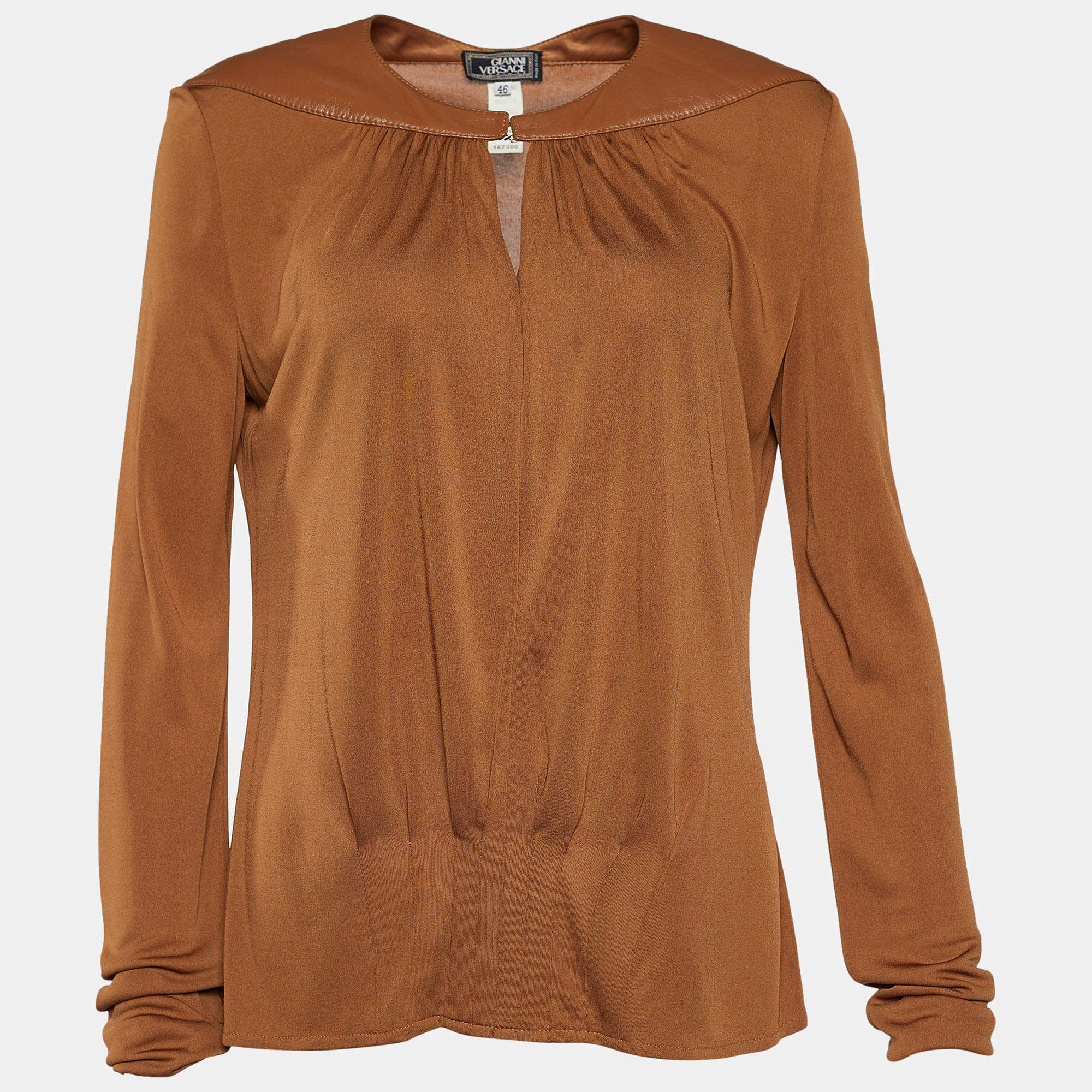 مملوكة مسبقًا Gianni Versace Brown Knit Leather Collar Detail Top L