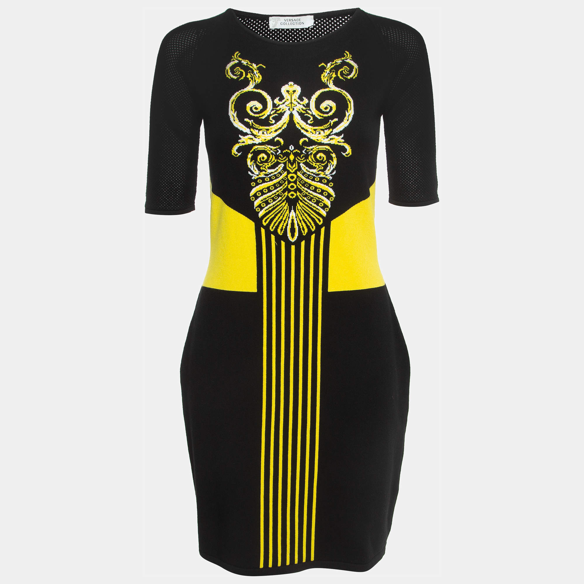 Pre Owned Gianni Versace BlackYellow Patterned Stretch Knit Bodycon Dress L