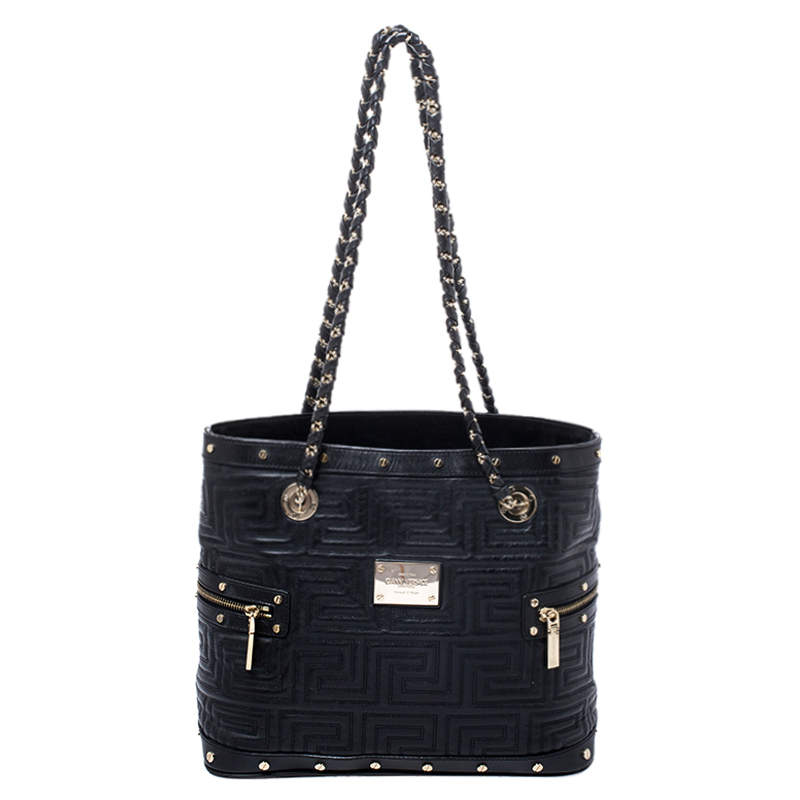 Pre Owned Versace Black Quilted Leather Sided Zip Tote