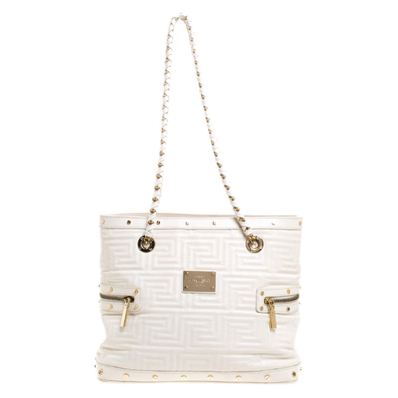 Pre Owned Versace White Quilted Leather Sided Zip Tote