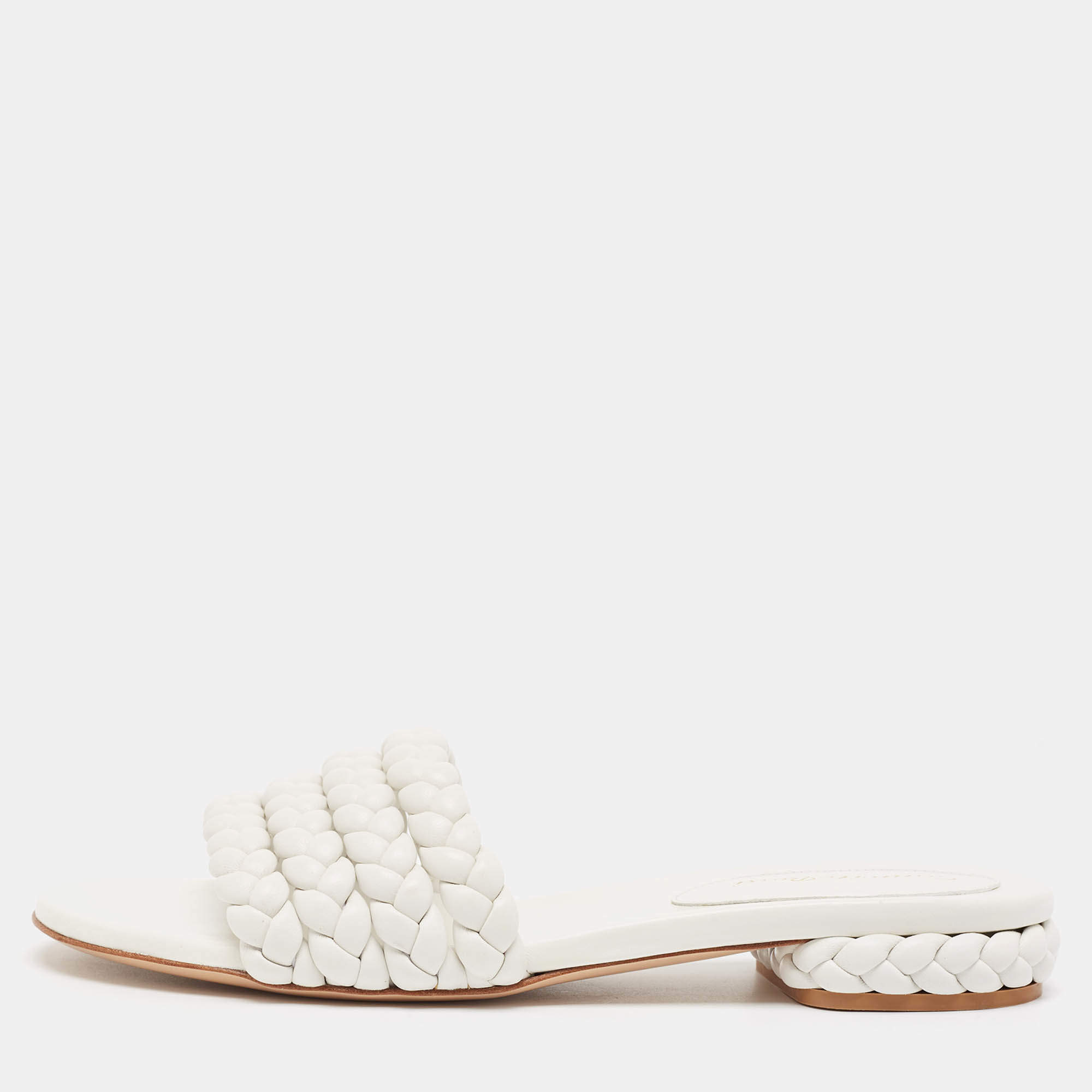 Gianvito Rossi White Braided Leather Slide Flats Size 38.5