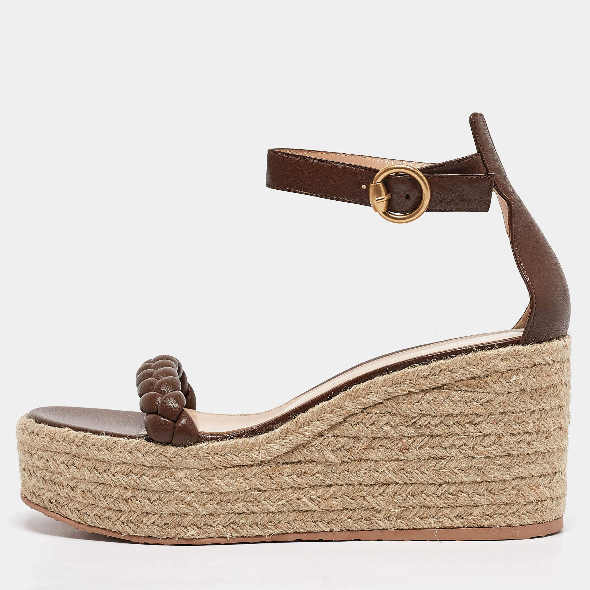 Gianvito Rossi Brown Braided Leather Merida Espadrille Wedge Sandals Size 40.5