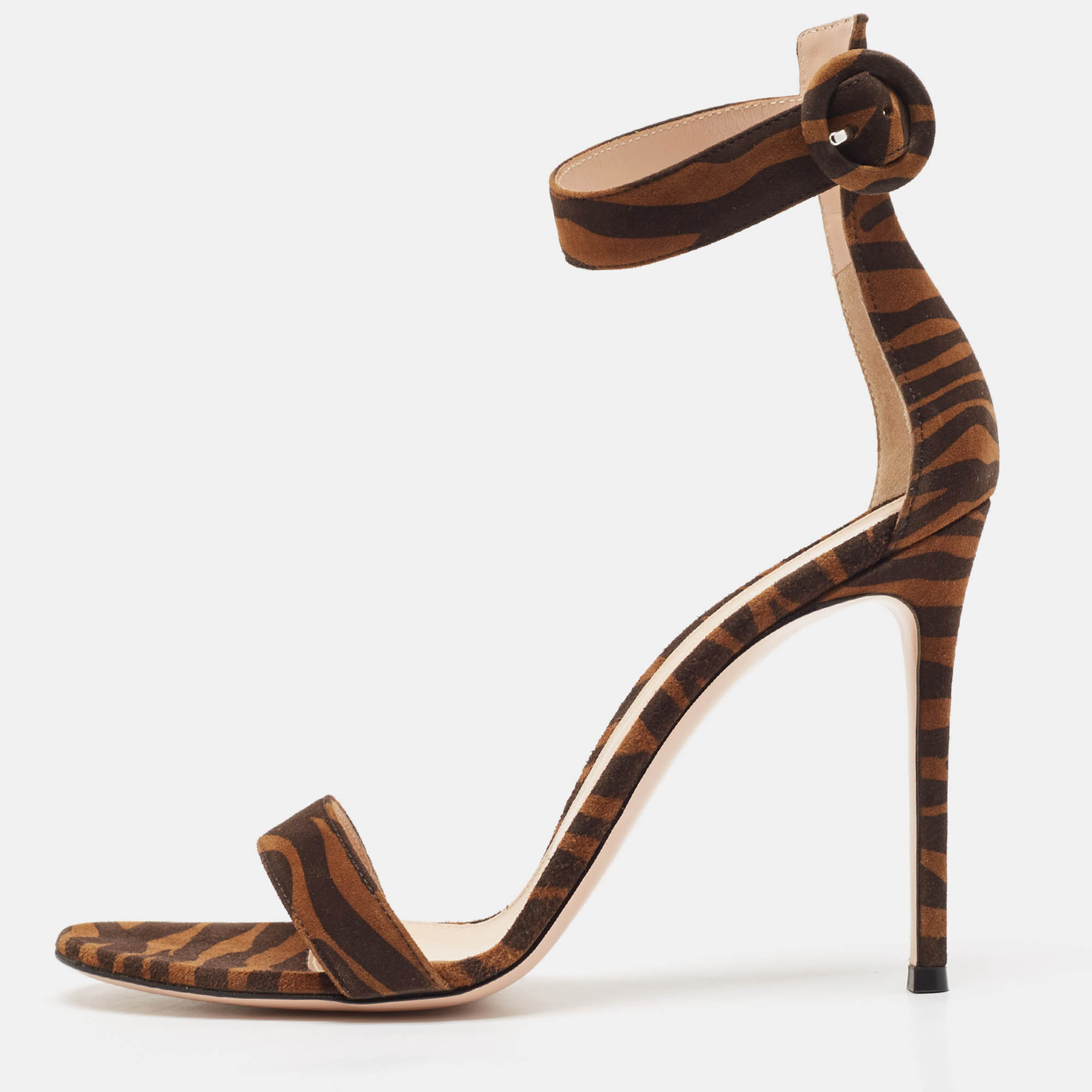 Gianvito Rossi Brown Zebra Print Suede Portofino Sandals Size 41